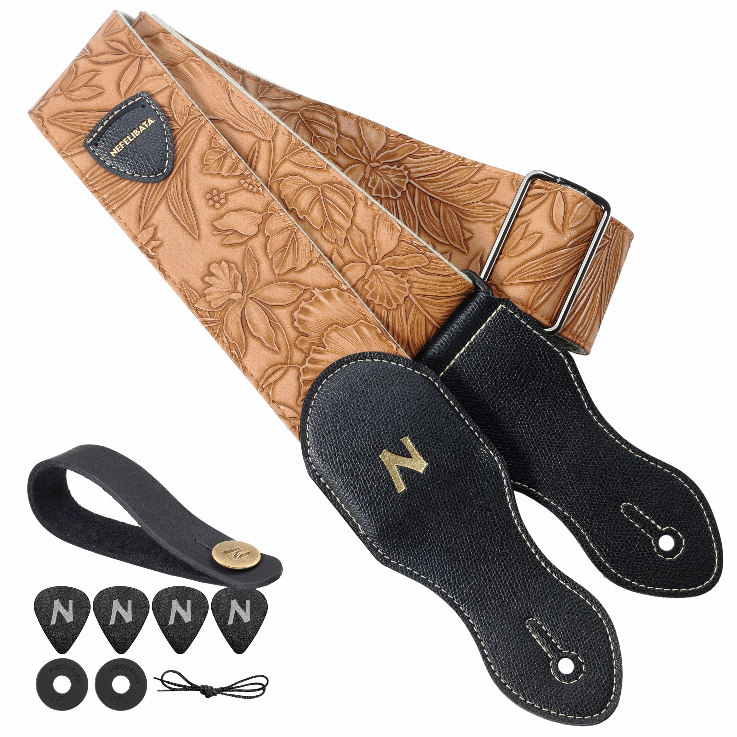 Nefelibata Gitarrengurt mit Plektrumtasche, 2,3-Zoll-Veganes Leder-Gitarrengurte im Porter-Stil, 60er-Jahre-Western-Vintage-Stil mit Plektren, Gurtknopf und Gurtschlössern