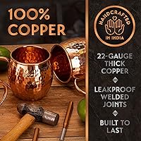 Vista 3 de Juego de 4 tazas Moscow Mule de 16 onzas, 100% cobre puro hecho a mano, 4 popotes, 4 posavasos de madera, cuchara agitadora, vaso de chupito