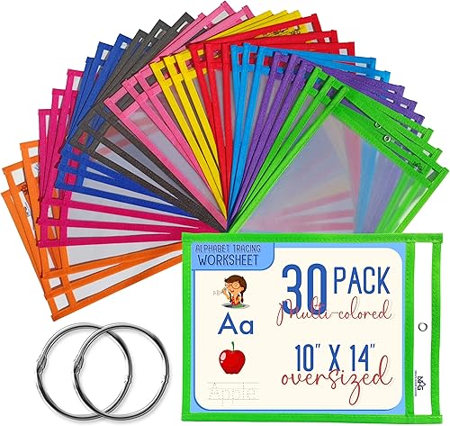 Paquete de 30 fundas con bolsillos de borrado en seco, 10 colores surtidos con 2 anillos, hojas de borrado en seco reutilizables, soportes para