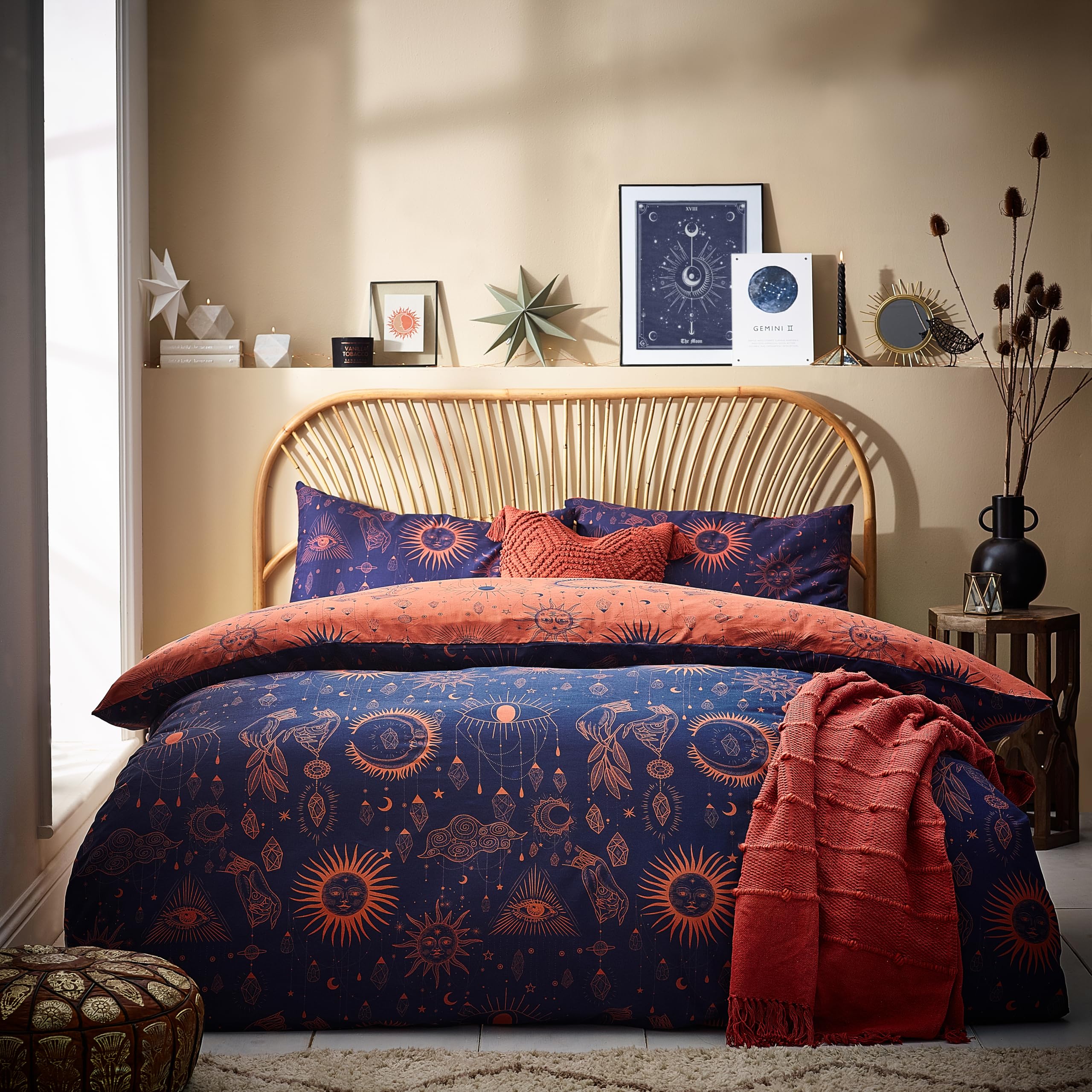 furn. Constellation Duvet Cover Set – Celestial Galaxy Print with Stars & Moons, Reversible Polycotton Bedding (Bronze/Navy – Single)