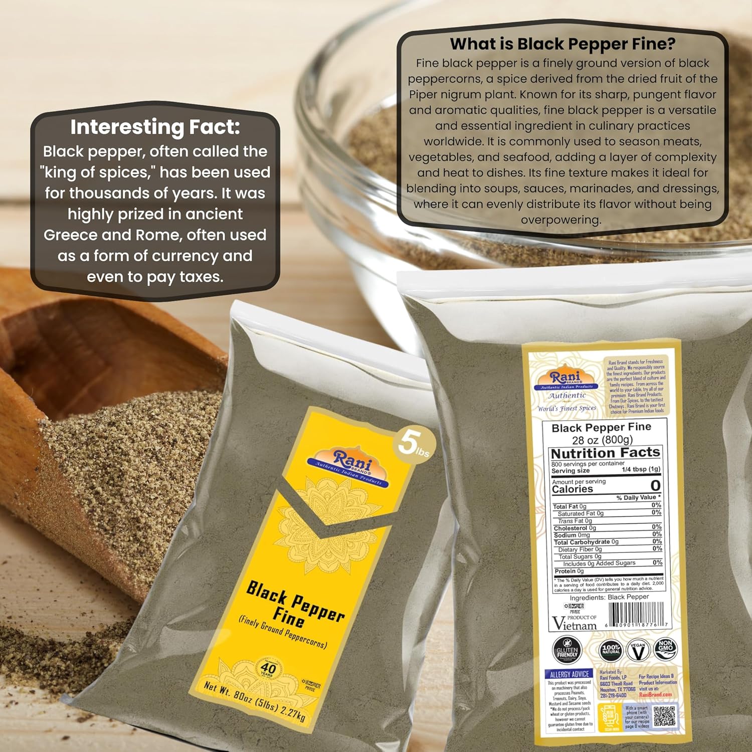 Rani Black Pepper Fine Powder 80 Mesh, 80oz (5lbs) 2.27kg Bulk ~ All Natural | Vegan | Gluten Friendly | NON-GMO | Kosher