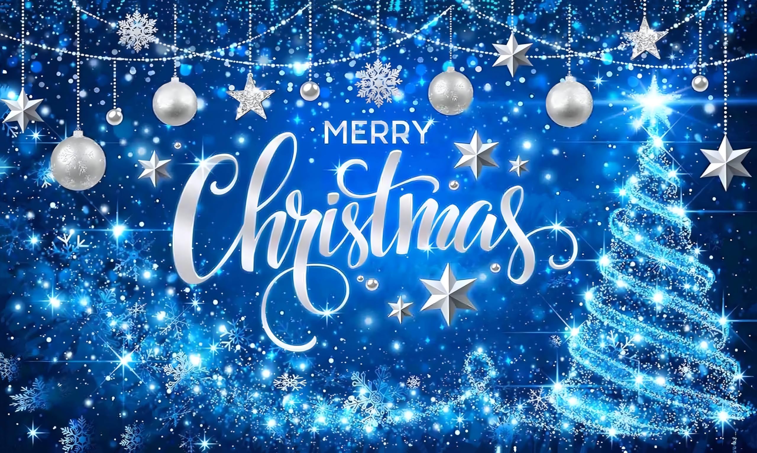 Blue Merry Christmas Backdrop Glitter Bokeh Sparkle Snowflake Photography Background Xmas Party Decoration Photo Banner Booth Tapestry Size 5Feet Height & 8Feet Width(5 * 8)