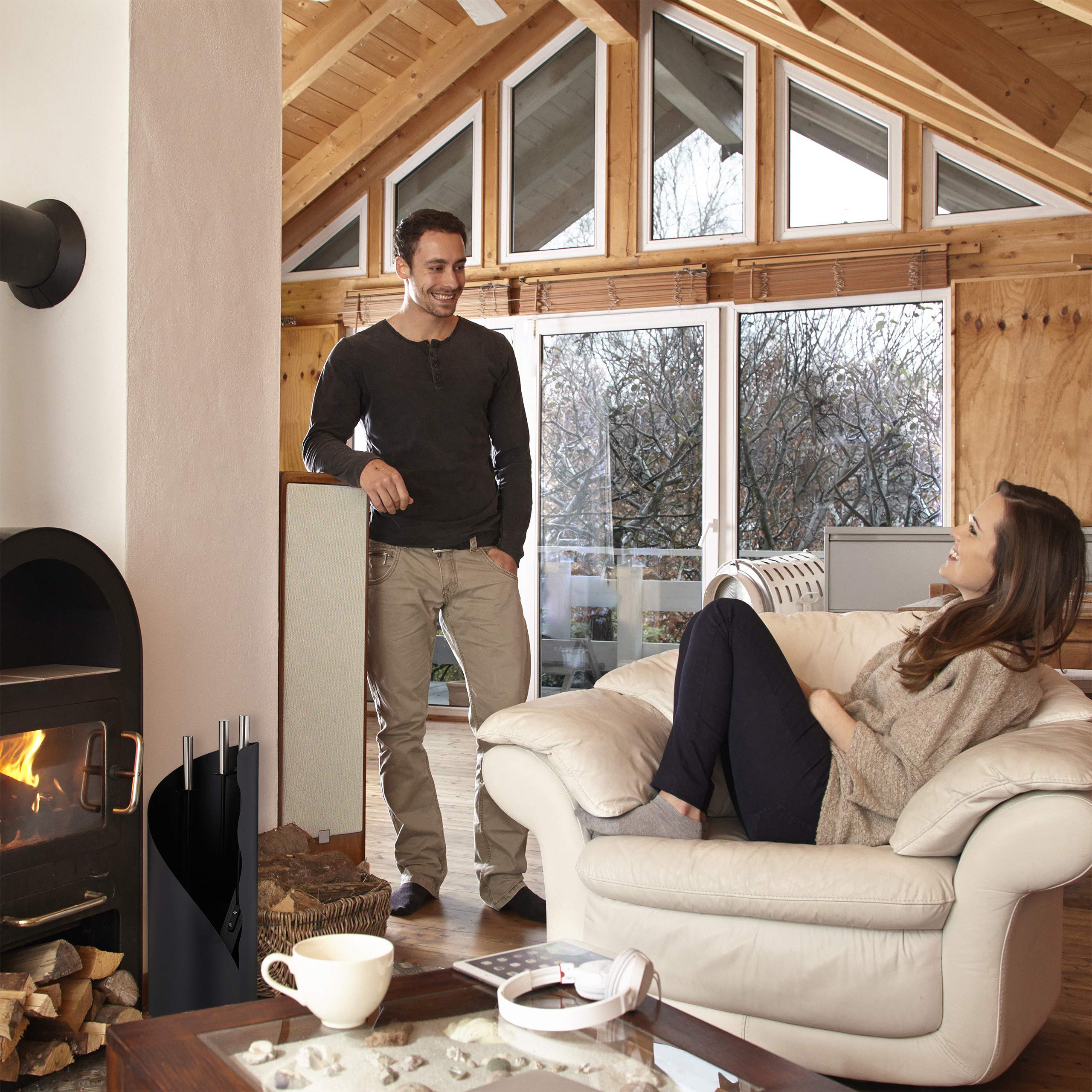 Relaxdays 4-Piece Fireplace Tool Set - Poker, Ash Shovel, Broom & Stand, Black Steel, 56cm Height