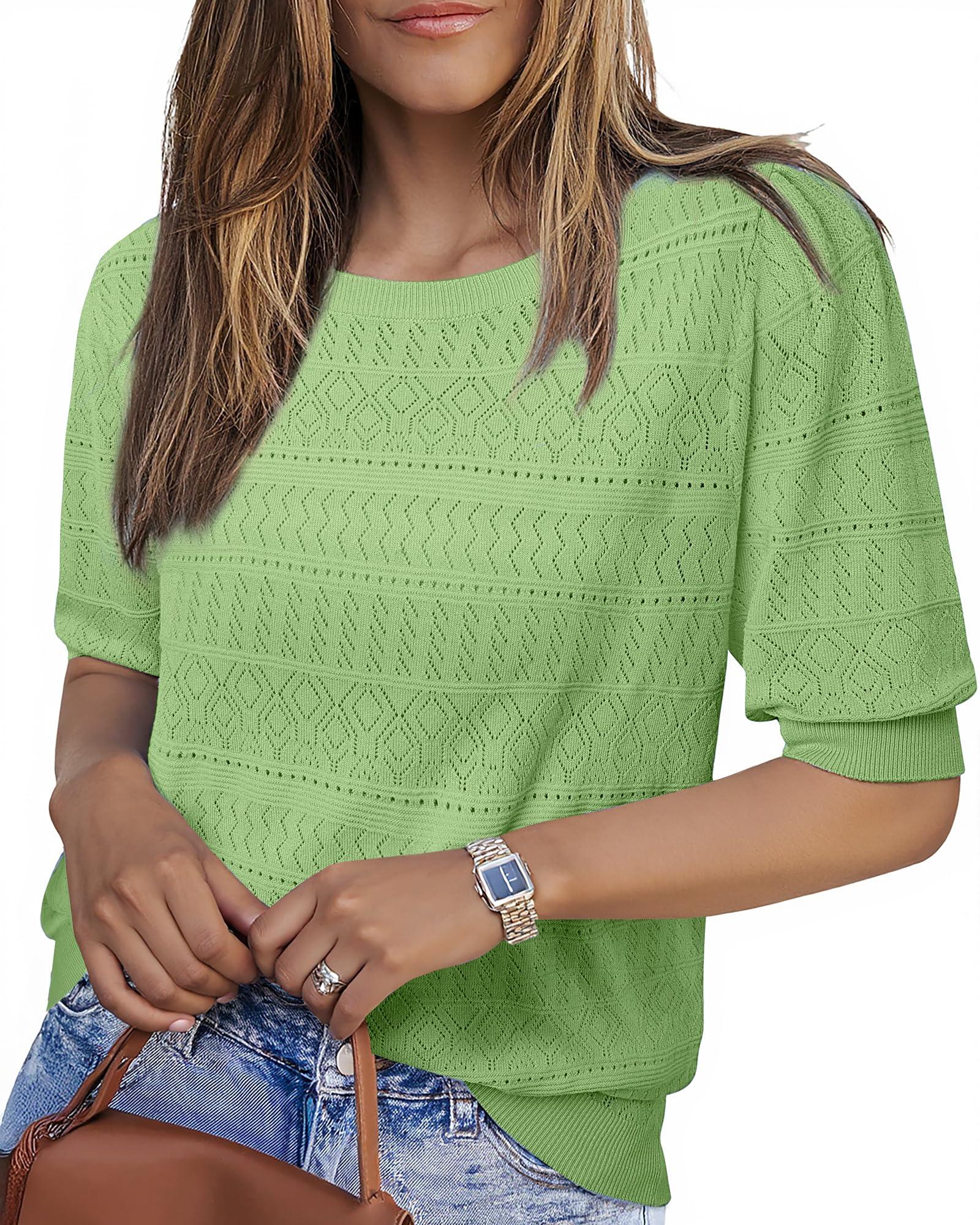 Messic Womens Short Sleeve Sweaters 2025 Summer Casual Crewneck Pullover Tops