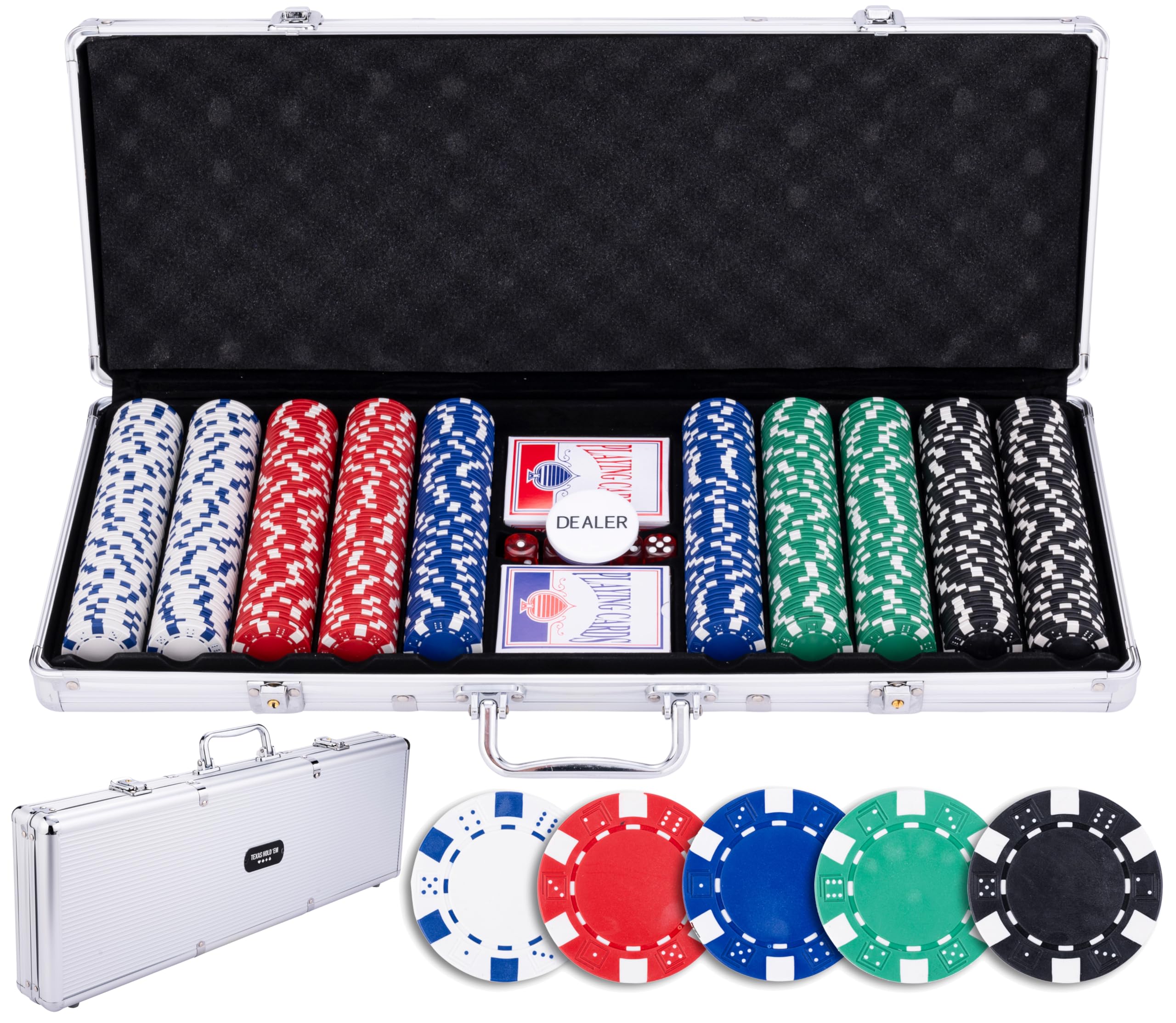 Engelhart - 320915 - Set Da Poker - Valigetta In Metallo Argentato Con 500 Gettoni (11,5 G), 2 Set Di Carte, 1 Bottone Da Croupier, 5 Dadi-image