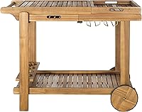 Safavieh Orland Outdoor Tea Trolley Cart - Natural Acacia Wood Rolling Serving Bar Cart for Patio, Deck & Backyard