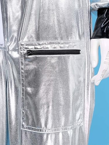 Miniatura 7 de Sywiyi Disfraz de astronauta para adultos, para mujeres y hombres, con cremallera metálica brillante, traje espacial plateado