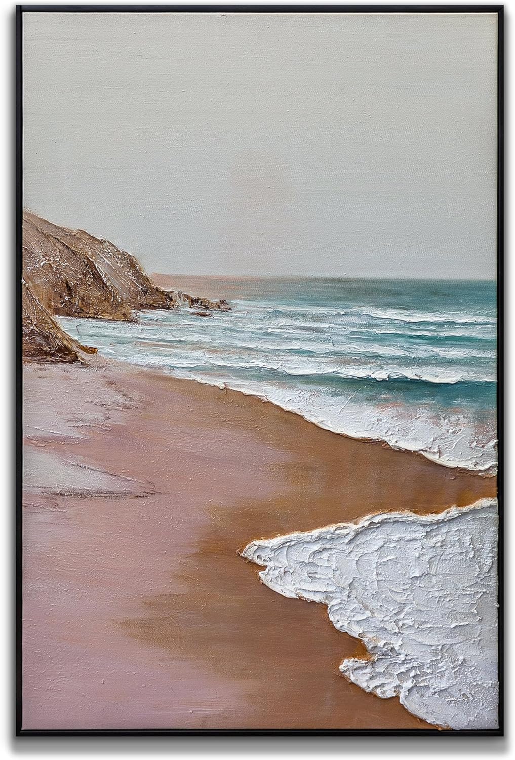 Sunset Ridge Beautiful Hand-Painted Ocean Beach Abstract Framed Canvas Painting 3D Textured Picture, Modern Large Ocean Beach Landscape Artwork with Ready to hang Black Floating Frame for living room, bedroom, office, Home Décor. 36X24