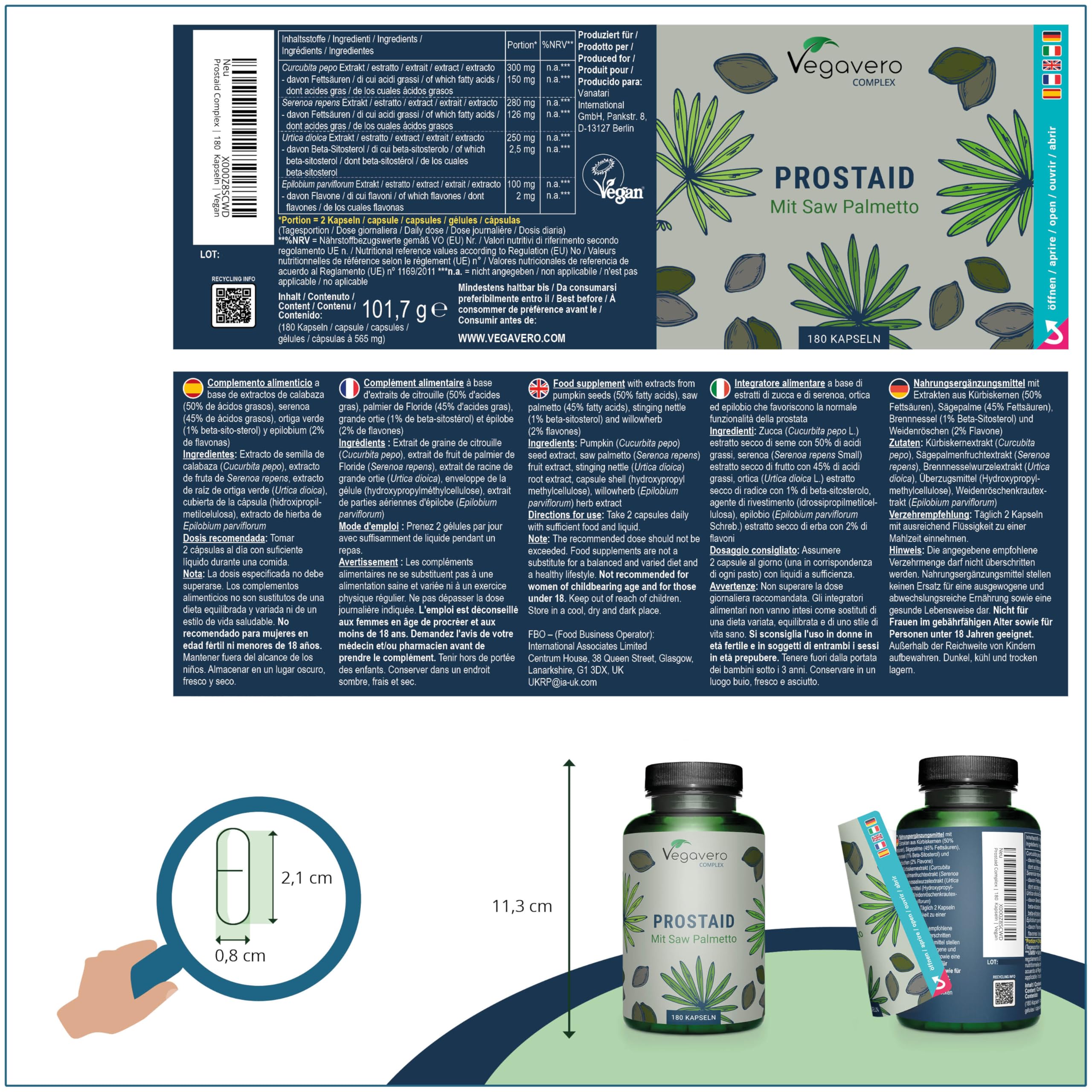 Prostata Komplex Vegavero | 800 mg Kürbiskernextrakt |180 Kapseln Hochdosiert | Mit Sägepalmenextrakt, Kürbiskernen, Brennnessel & Mehr | Vegan & Ohne Zusätze (Packung mit 2)