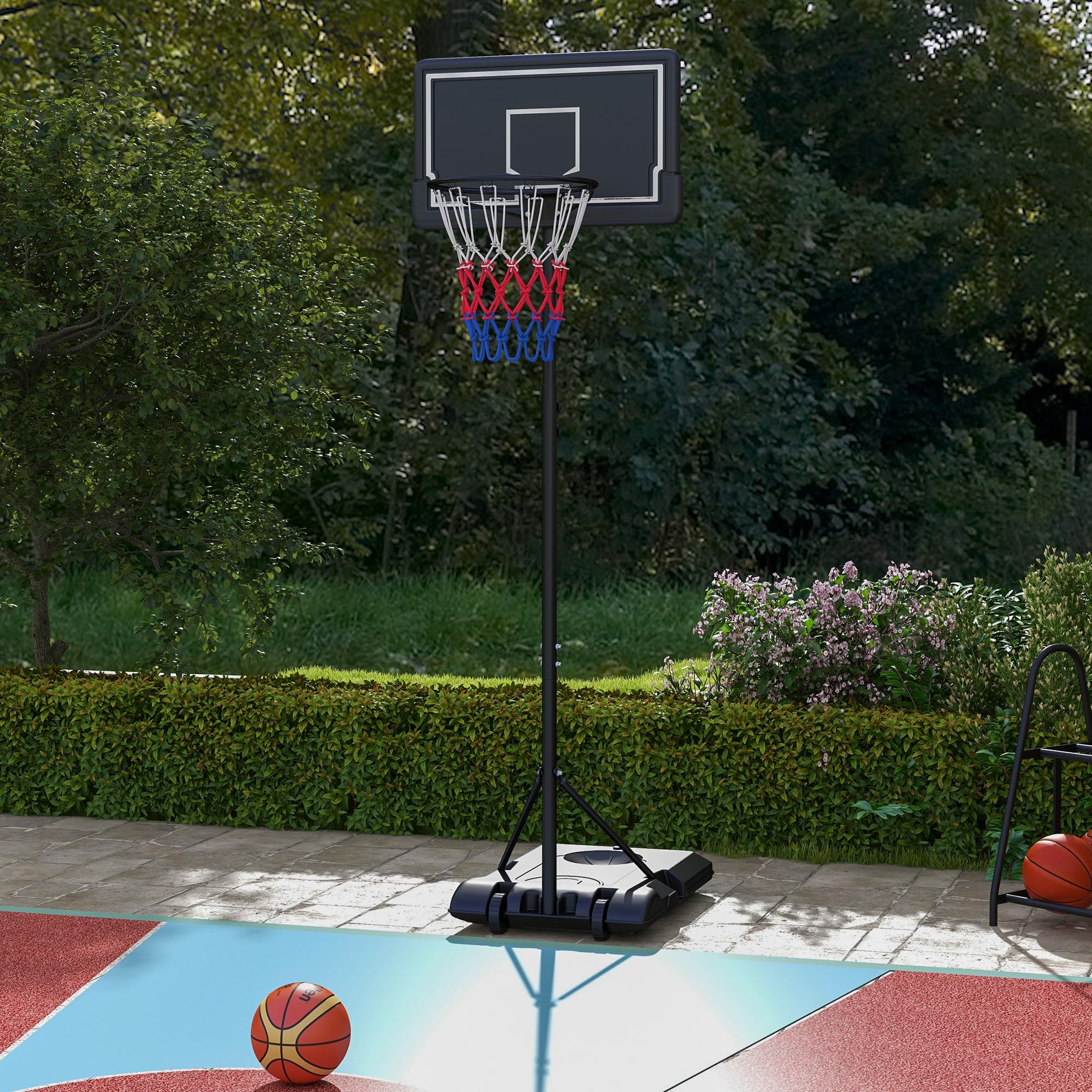 SPORTNOW Panier de Basket extérieur, Hauteur Ajustables 182-213/220-250 cm, Panier de Basket sur Pied à roulettes, avec Base de lestage, Cadre en Acier, Noir