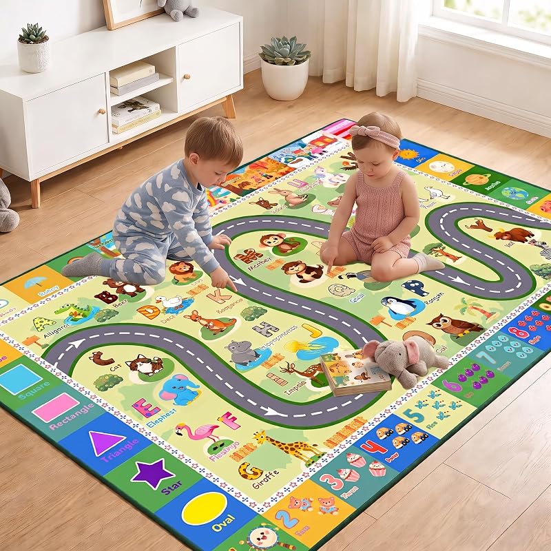 Alfombra ABC para habitación de niños - Alfombras de alfabeto de 3x5 pies para sala de juegos de niños, alfombra educativa para aprendizaje de números de animales, alfombra preescolar para decoración de dormitorios de niños, verde, 36''x60''