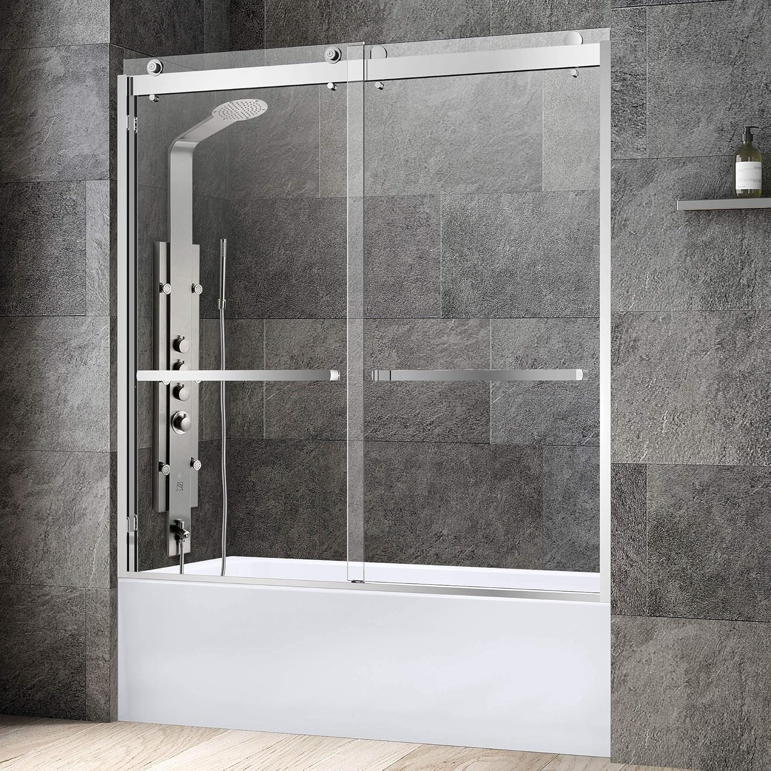 Woodbridge SDD6062-C Frameless Bathtub Shower Doors 56-60" Width x 62" Height with 3/8"(10mm) Clear Tempered Glass, 2 Ways Opening & Double Sliding in Polished Chrome Finish