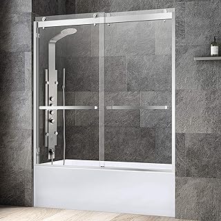 SDD6062-C Frameless Bathtub Shower Doors 56-60" Width x 62" Height with 3/8"(10mm) Clear Tempered Glass, 2 Ways Opening & Double Sliding in Polished Chrome Finish