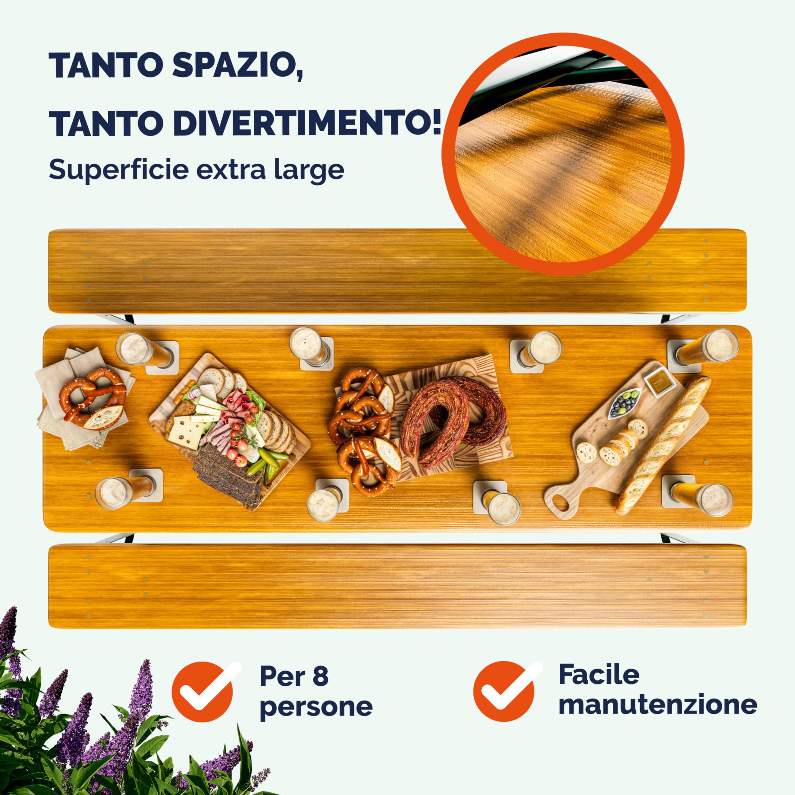 Casaria Pieghevole Set Tavolo da Birreria 170cm con Foro Ombrellone 2x Panche in Legno da Giardino