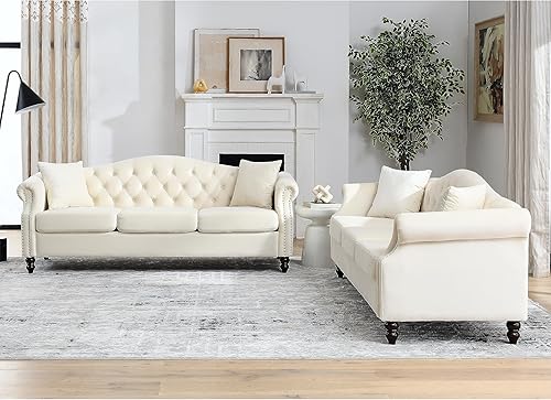 Miniatura 5 de Sofá Chesterfield de terciopelo beige de 79 pulgadas para sala de estar, 2 piezas, sofá de 3 plazas, con botones copetudos, respaldo curvado, brazos