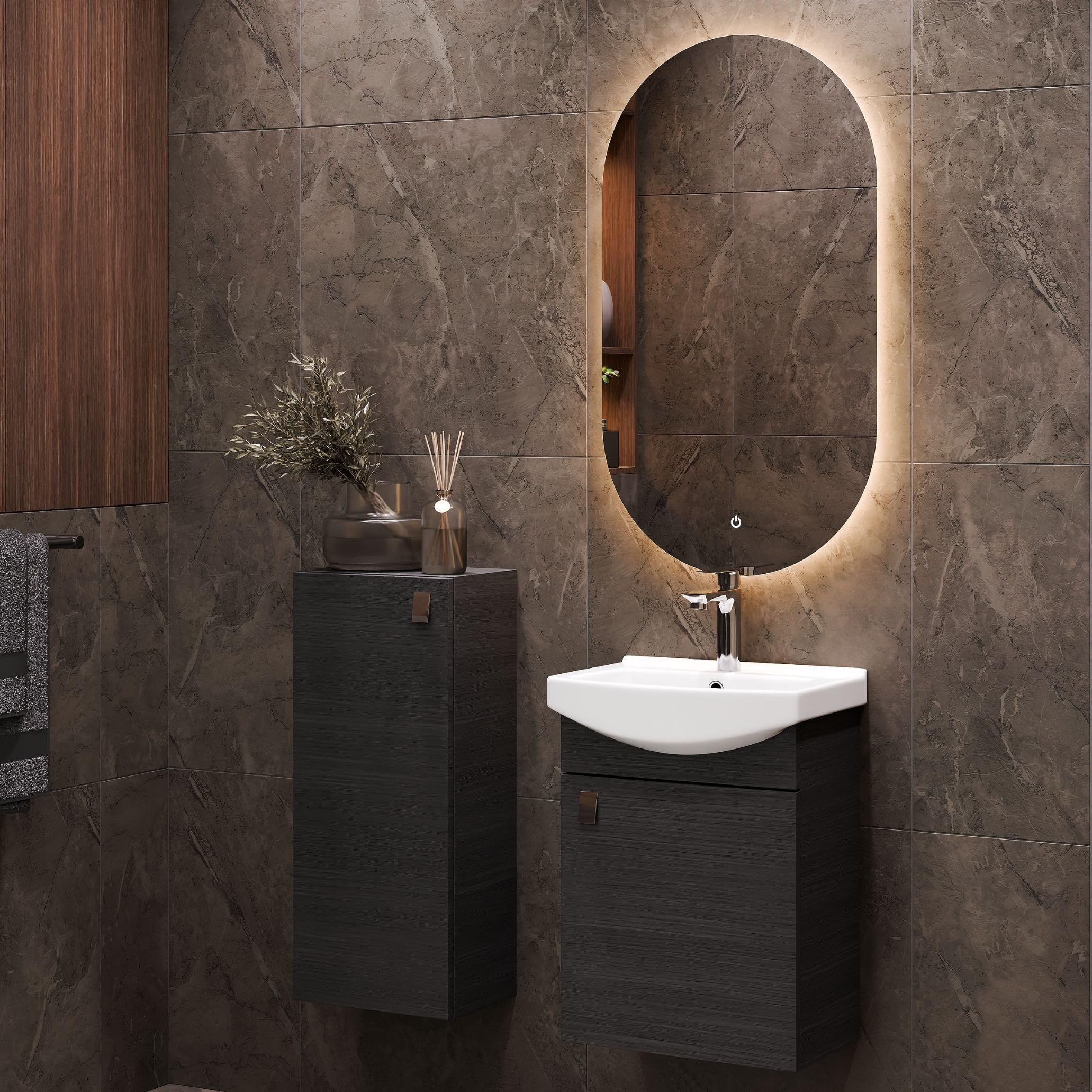 Planetmöbel Ensemble de Meubles de Salle de Bains Lavabo avec Meuble Bas 45 x 60 x 33 cm, Miroir avec éclairage 50 x 90 cm & Armoire Centrale pour Salle de Bains et WC invités, Anthracite