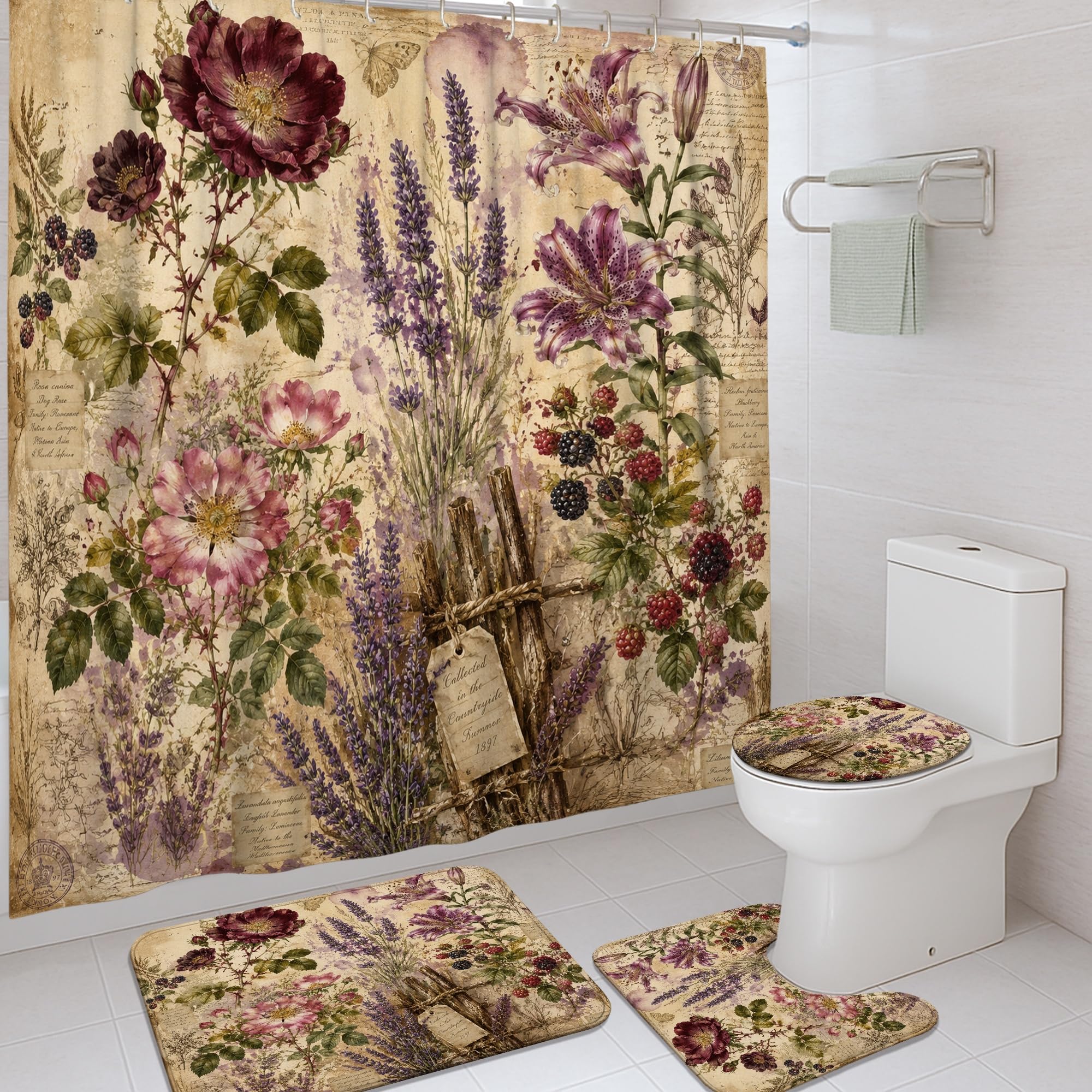 Rideau de douche de qualité hôtel motif lavande et baies rustiques avec crochets