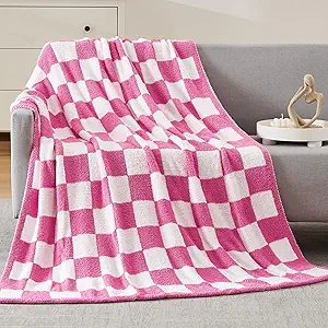 WRENSONGE Checkered Throw Blanket, Hot Pink Soft Cozy Fluffy Warm Hand Made Throw Blankets for Couch, Sofa, Chair, Bed, Camping, Picnic, Travel Lightweight Bed Blanket - 60"*80"