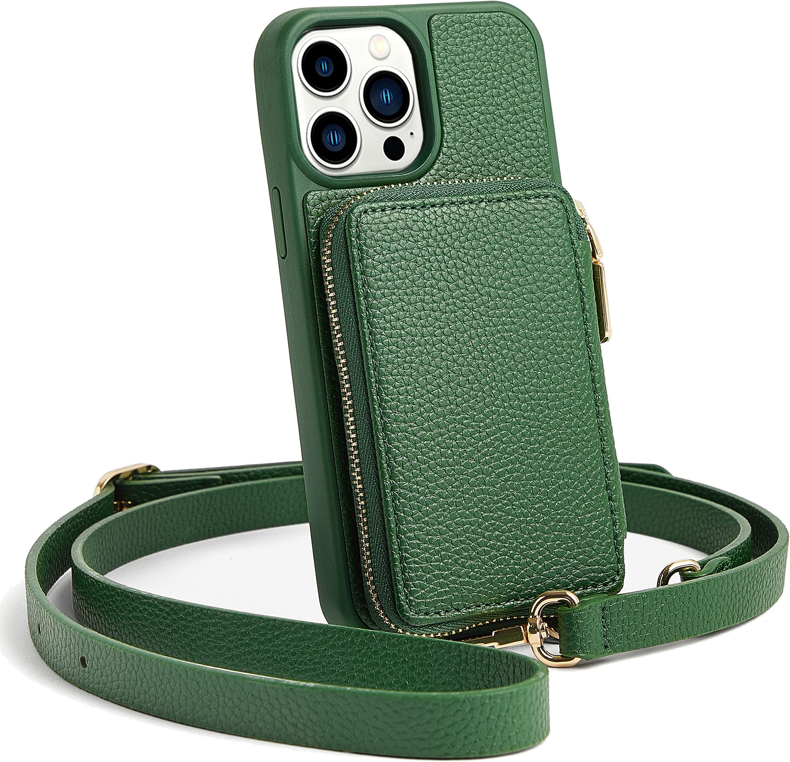 ZVEfor iPhone 13 Pro Crossbody Wallet Case, Zipper Phone Case with RFID Blocking Card Holder Wrist Strap Purse Cover for Women Compatible with iPhone 13 Pro (6.1 inch, 2021)- Dark Green