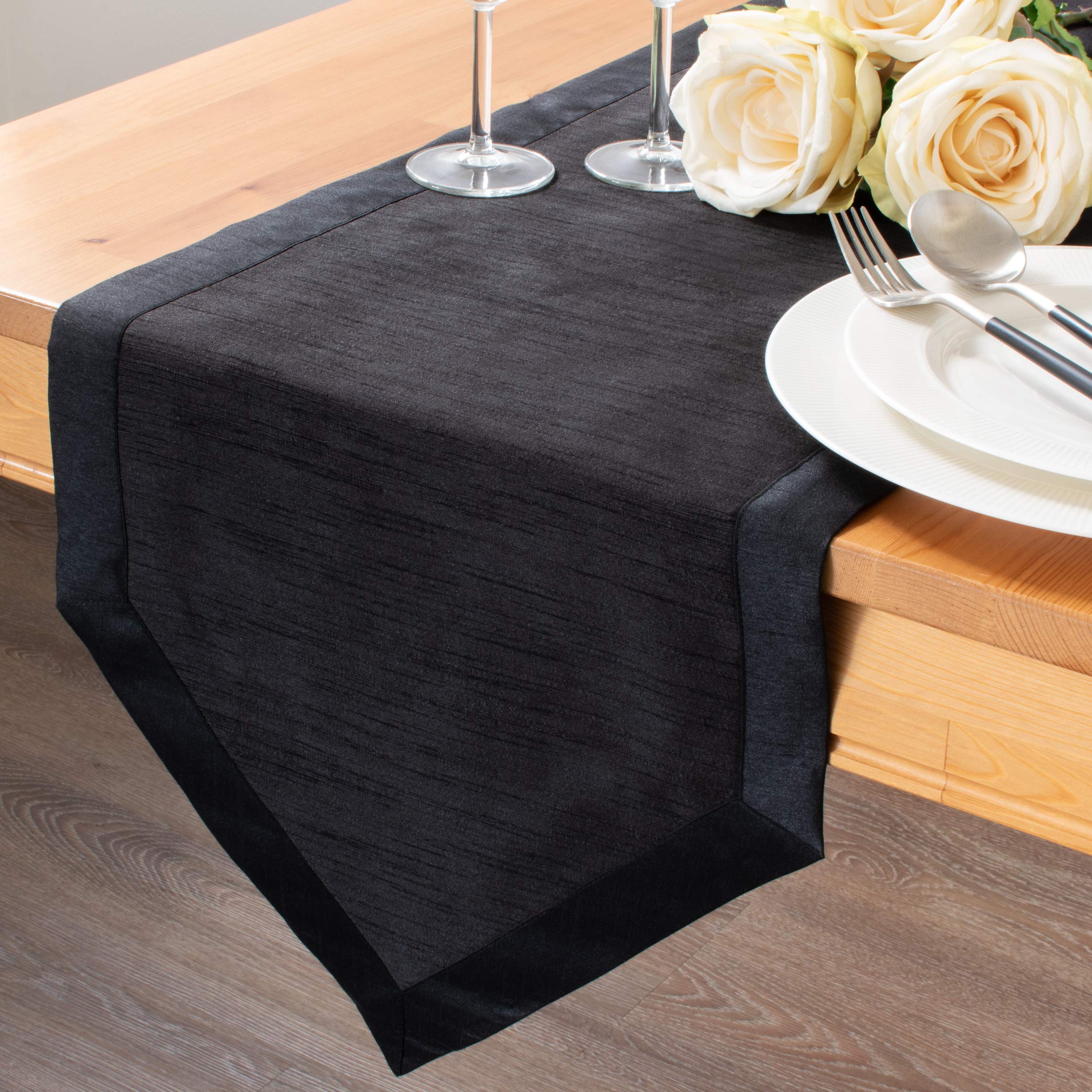 The White Petals Black Long Table Runners (Faux Silk, V-End Border, 14x108 inch, Pack of 1)