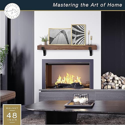 Miniatura 3 de Master & Co. Moderno mantel flotante con soportes de metal negro, estantes flotantes largos para decoración de pared, 48 pulgadas, madera de nogal