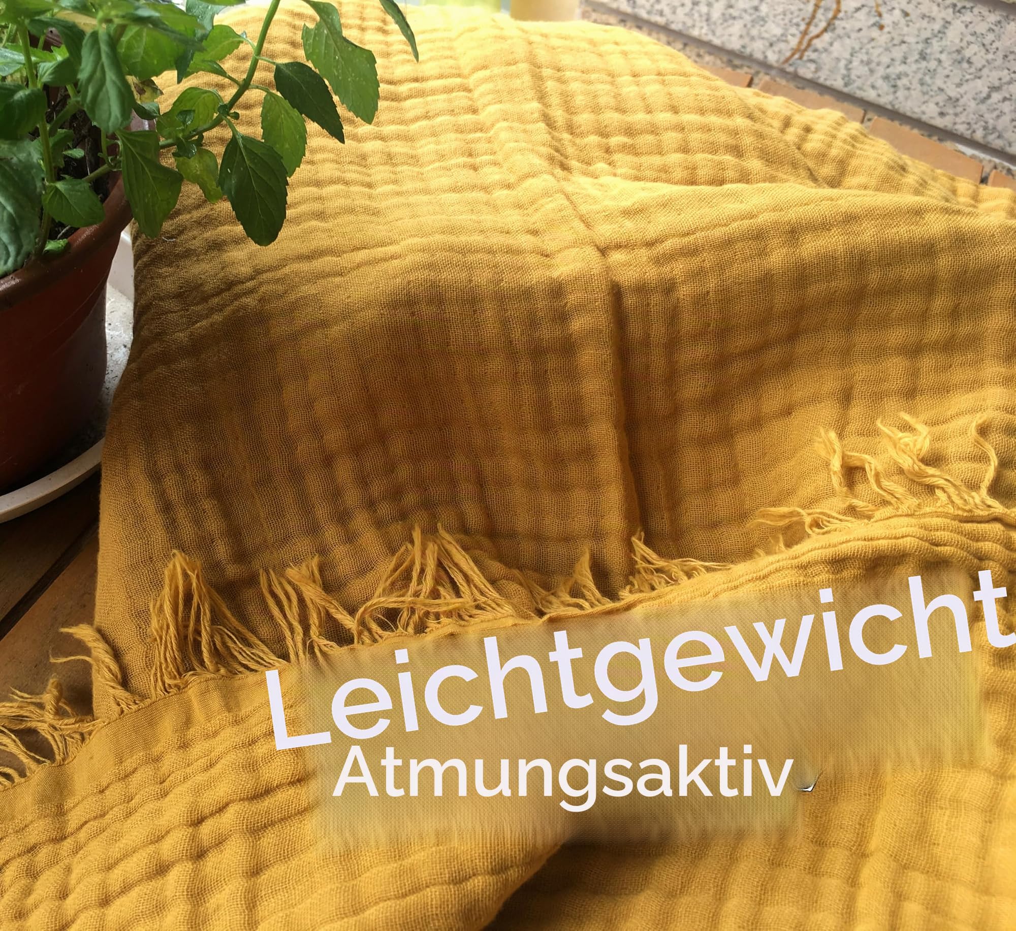 KyraHome Überwurfdecke aus 100% Bio-Musselin-Baumwolle, 139,7 x 152,4 cm, für Erwachsene, handgefärbt, atmungsaktiv, weich, leicht, Gaze, Überwurfdecke für Erwachsene, alle Jahreszeiten (senfgelb)