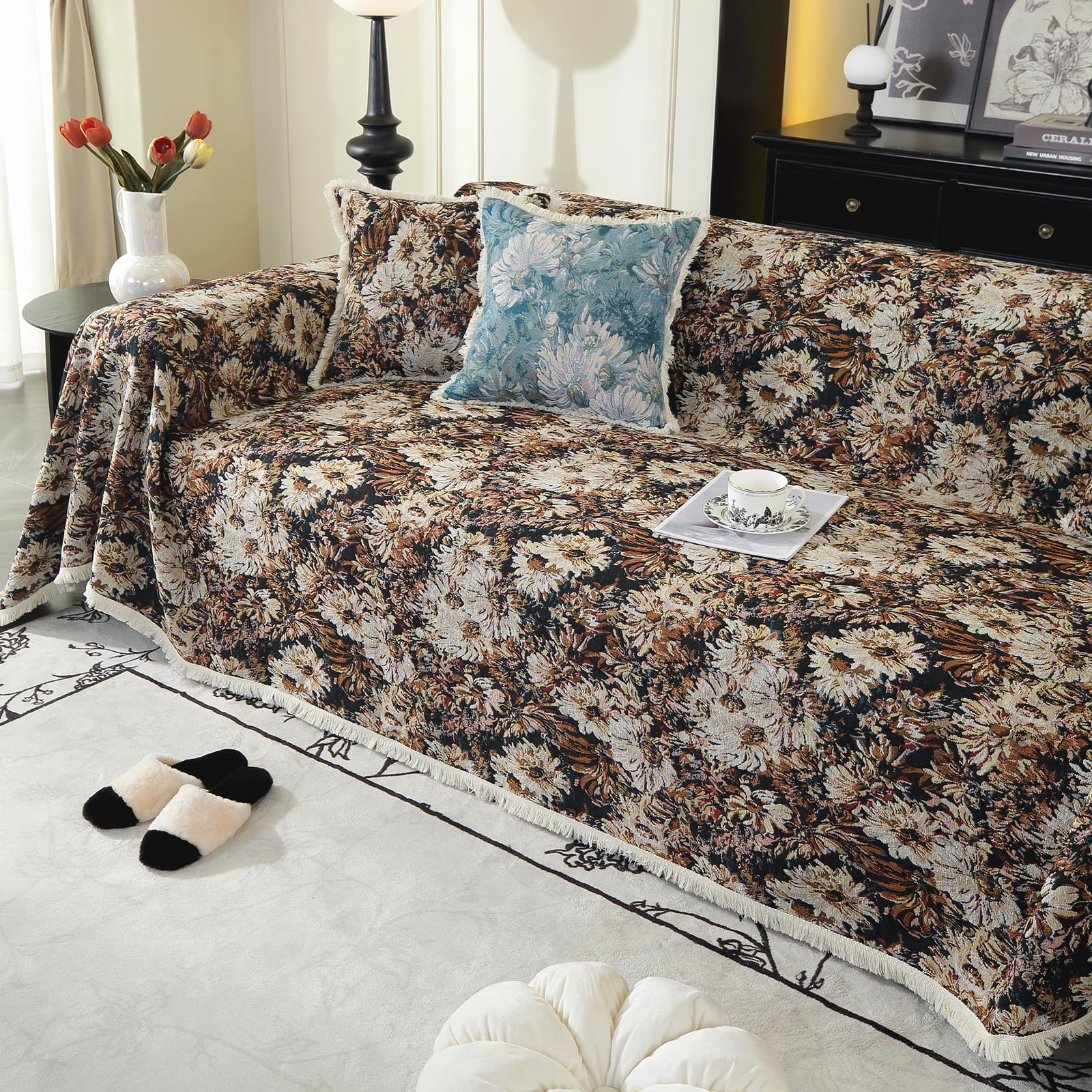 VanderHOME Durable Artisan Sofa blanket - Breathable Cotton and Linen Blend Throws for the Sofa, Vintage-Inspired Home Decor with All-Season Versatility 180 * 380cm-Camellia