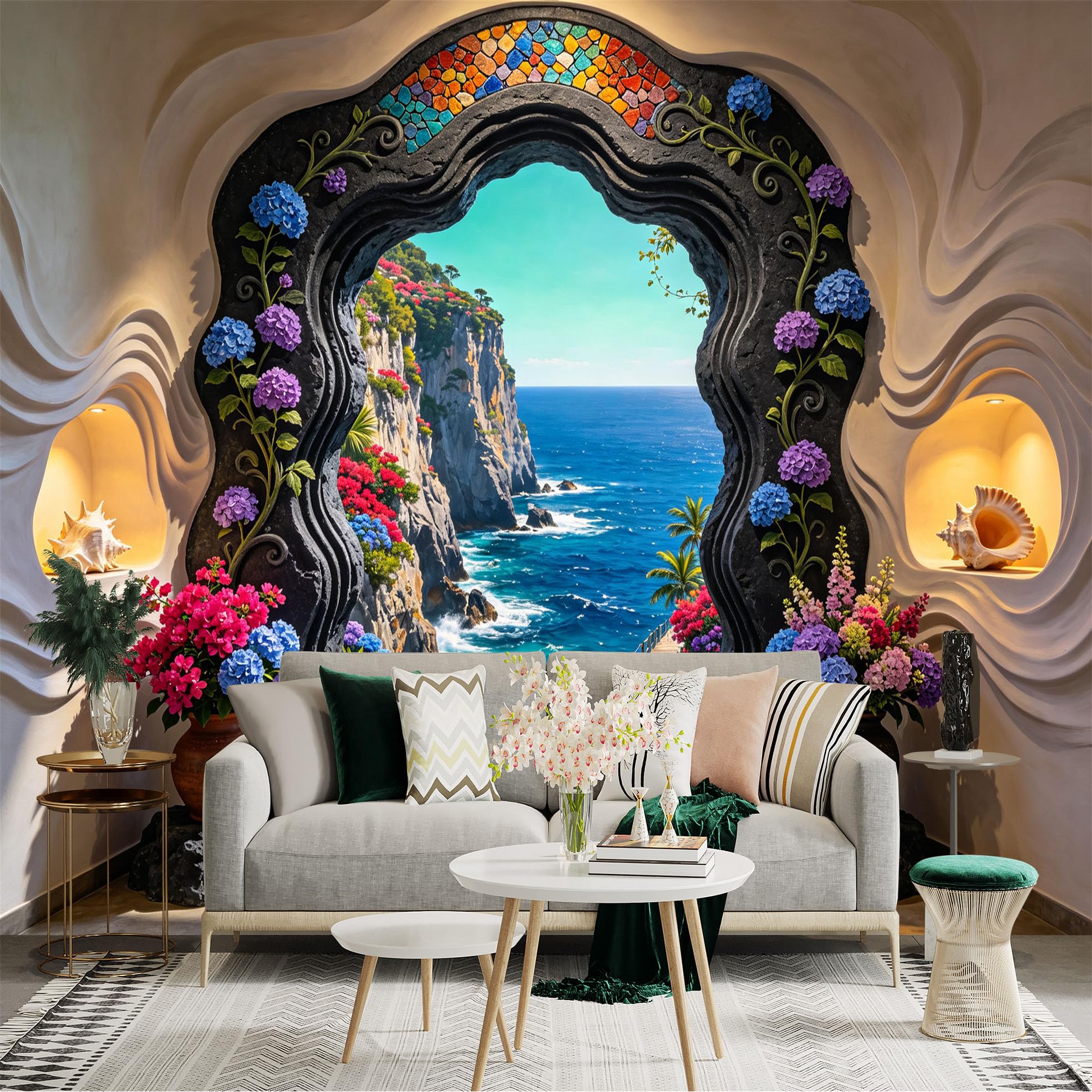 Custom Size Wall Sticker Mural， Coastal Cliff Ocean View， Floral Archway and Tropical Seascape， for wall Decoration， peelandstick wall Decals.