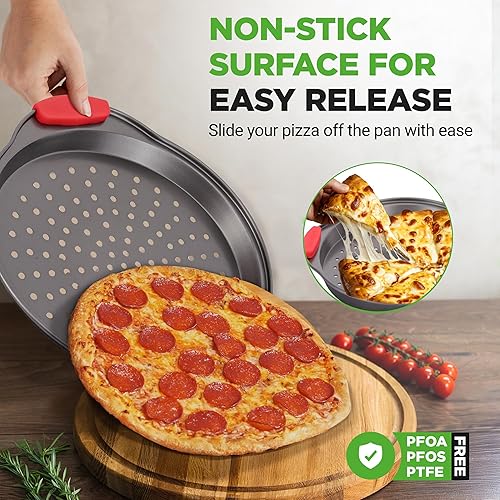 Miniatura 4 de NutriChef Juego de bandejas para pizza de 3 piezas con asas de silicona, sartén redonda antiadherente para pizza con agujeros perforados, acero al