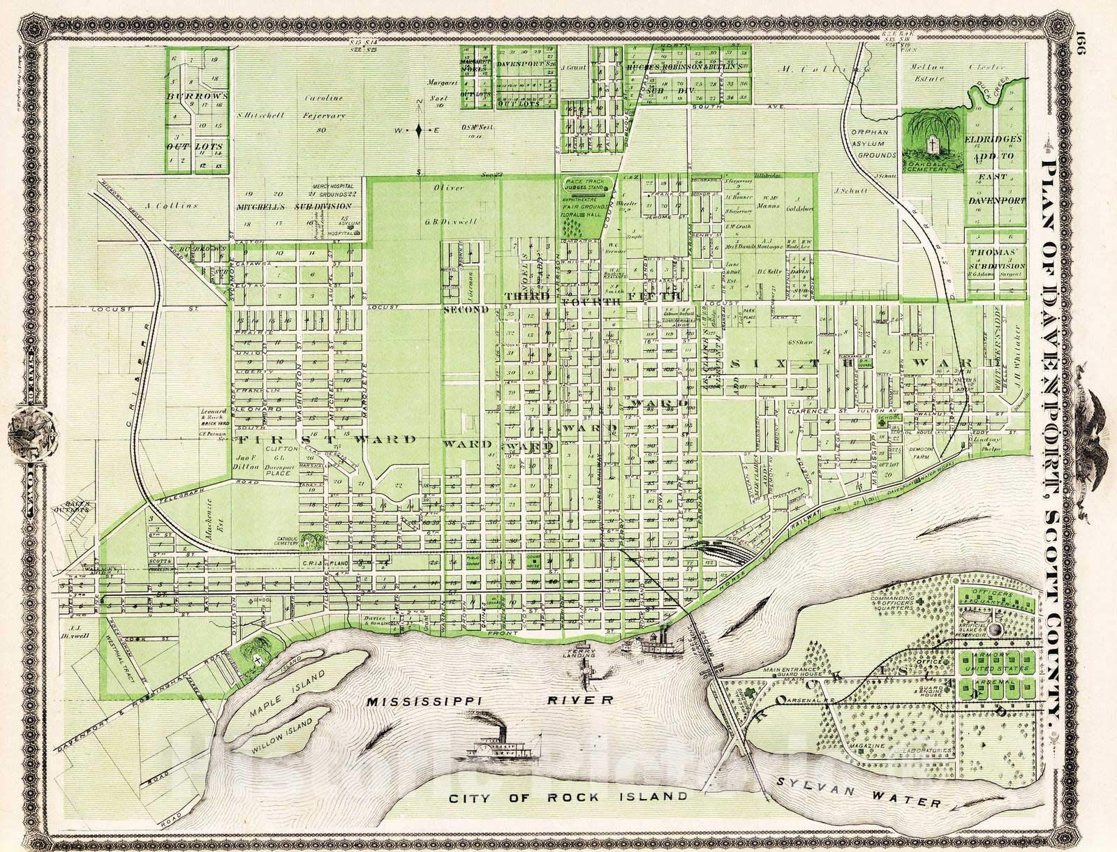 Carte de Davenport 1875, carte de Davenport vintage, ancien
