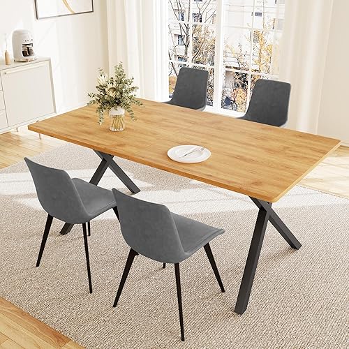 Vista 15 de Juego de mesa de comedor de 7 piezas para 6 personas, mesa de cocina MDF de 63 pulgadas con 6 sillas tapizadas, patas de metal para comedor, cocina