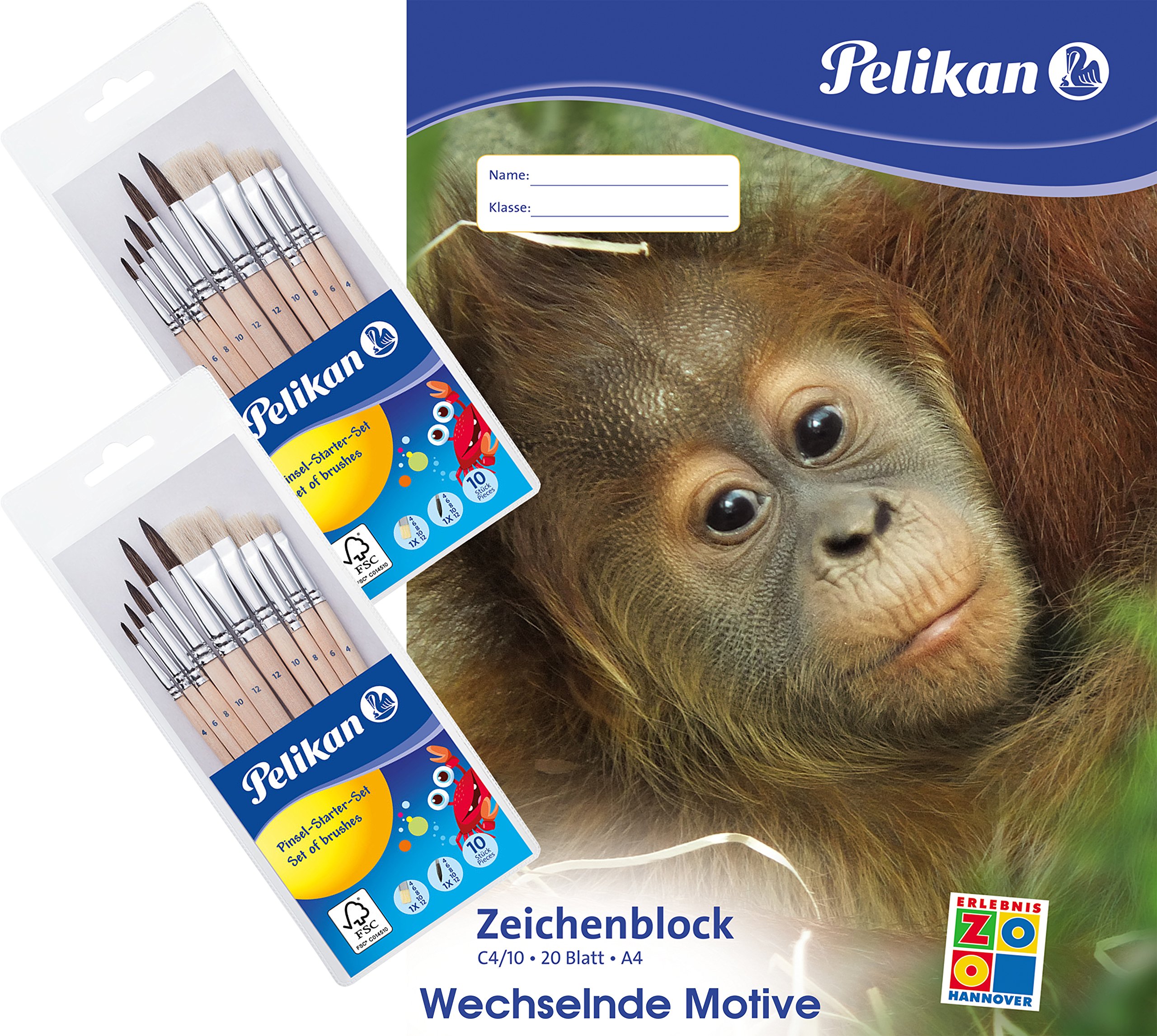 Pelikan Zeichenblock A3 mit Tiermotiven (sortiert - keine Motivwahl möglich), 100 g/m², 20 Blatt - Kombi-Set (5 x A3 Zeichenblock + 2 x 10er Pinsel-Set)