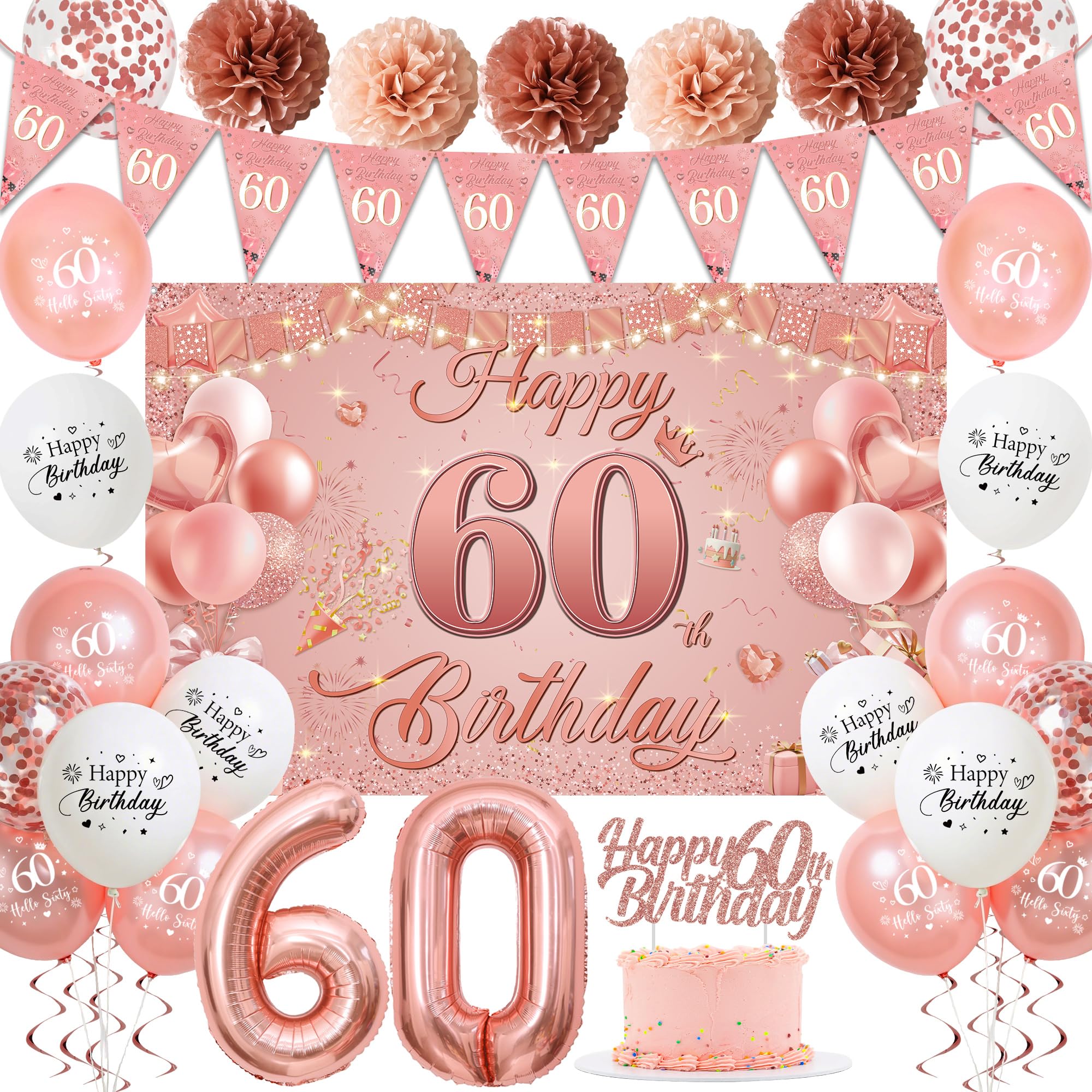60th Birthday Decorations for Women - Pink Rose Gold 44Pcs 60th Bday Balloon Backdrop Set with Pennant Banner Number 60 Balloons, Photo Backdrop Pom Poms Cake Topper for 60 Year Old Party