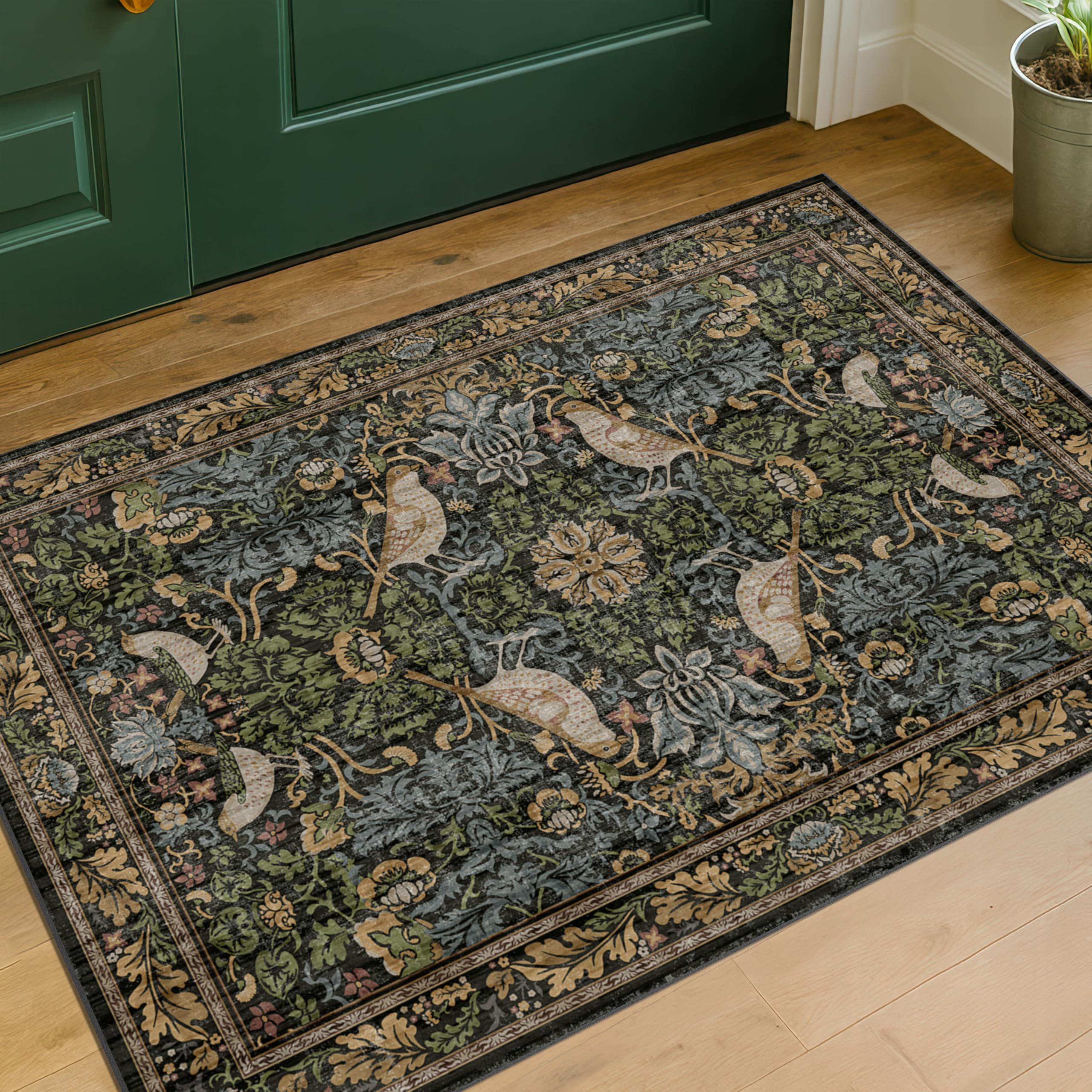 Washable Dark Vintage Floral Rugs for Entryway - Small 2x3 Washable Rug for Kitchen Bathroom Door Mat Indoor