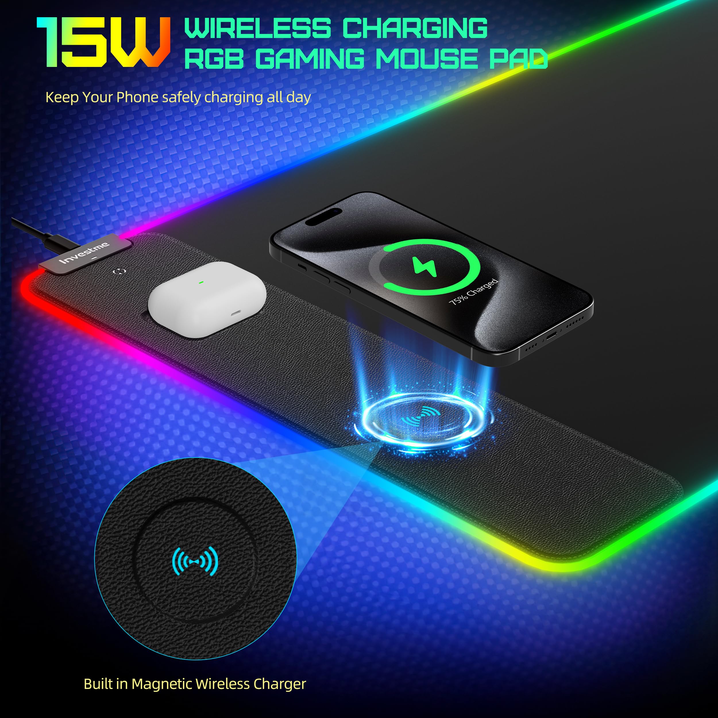 Alfombrilla de mouse RGB de carga inalámbrica para juegos, alfombrilla de mouse con carga rápida de 15 W, alfombrilla de mouse LED grande para juegos con 15 modos de luz, superficie ultrasuave