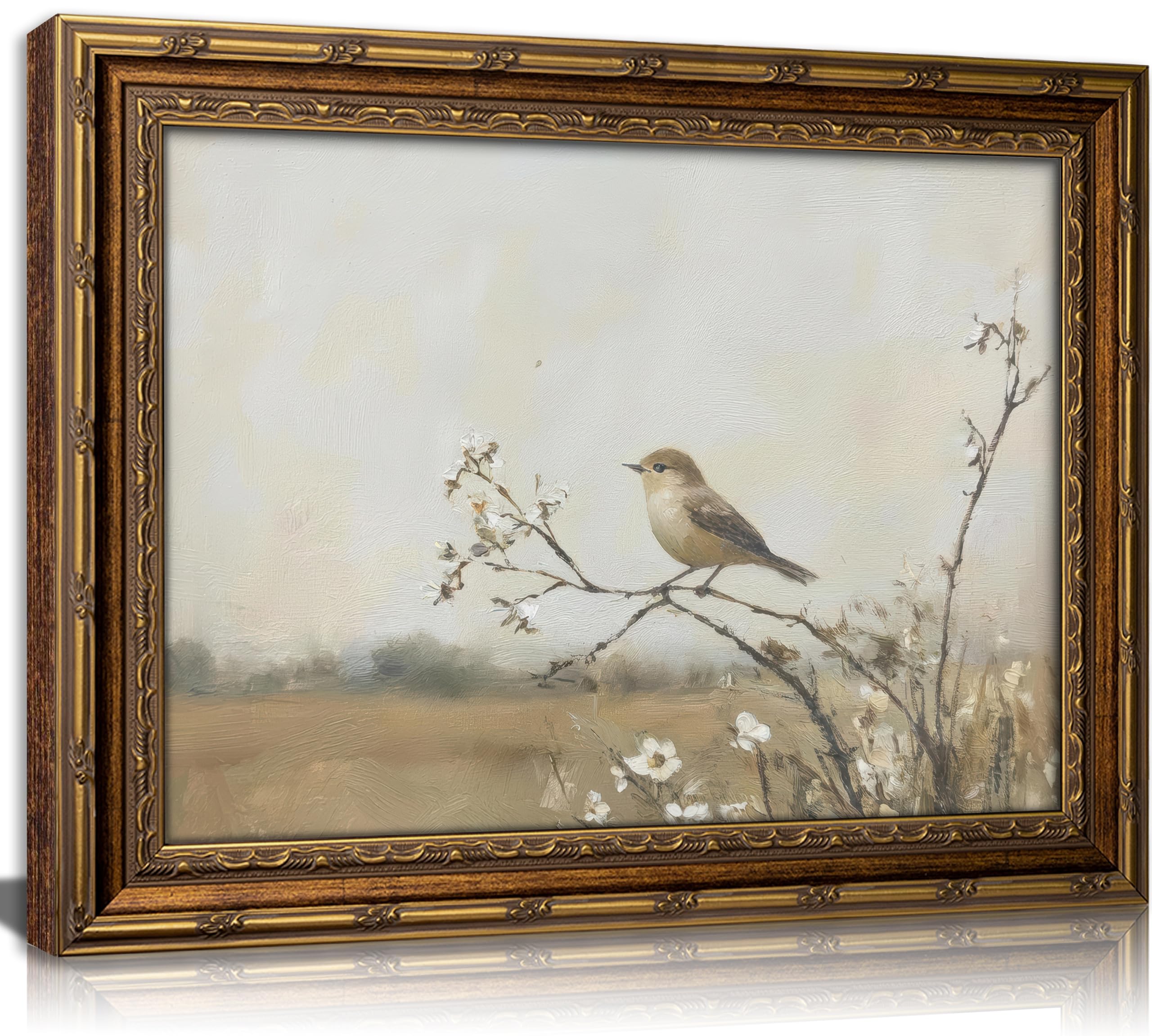 Vintage Gold Framed Bird Wall Art Spring Songbird on Floral Branch Painting Canvas Rustic Nature Woodland Picture Wall Decor Muted Farmhouse Print Artwork For Living Room Bedroom Entryway - 1