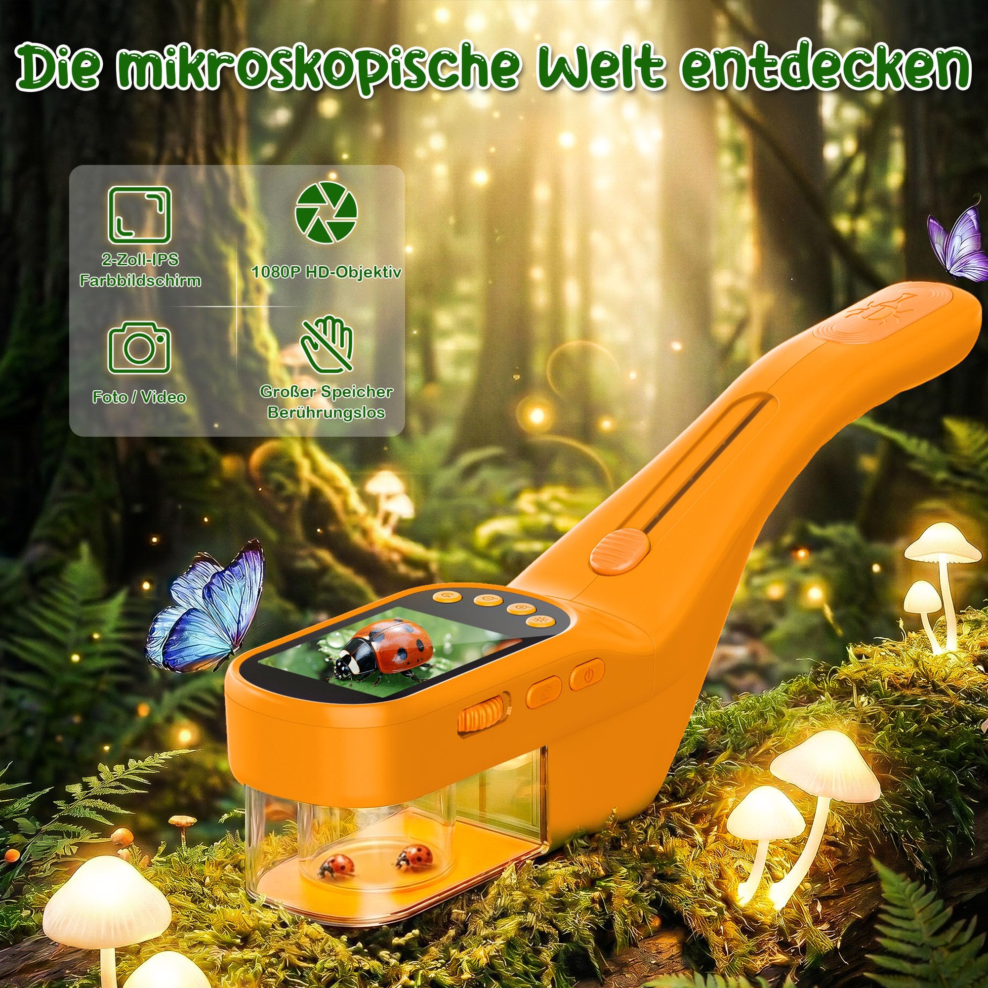 CIMELR Insektenfänger 2,4-Zoll HD-Mikroskop Naturspielzeug für Kinder | Insektenfänger mit 1000mAh Akku, 8 LEDs, 1080P Kamera, PC-Übertragung, STEM-Set für Kinder 3-12