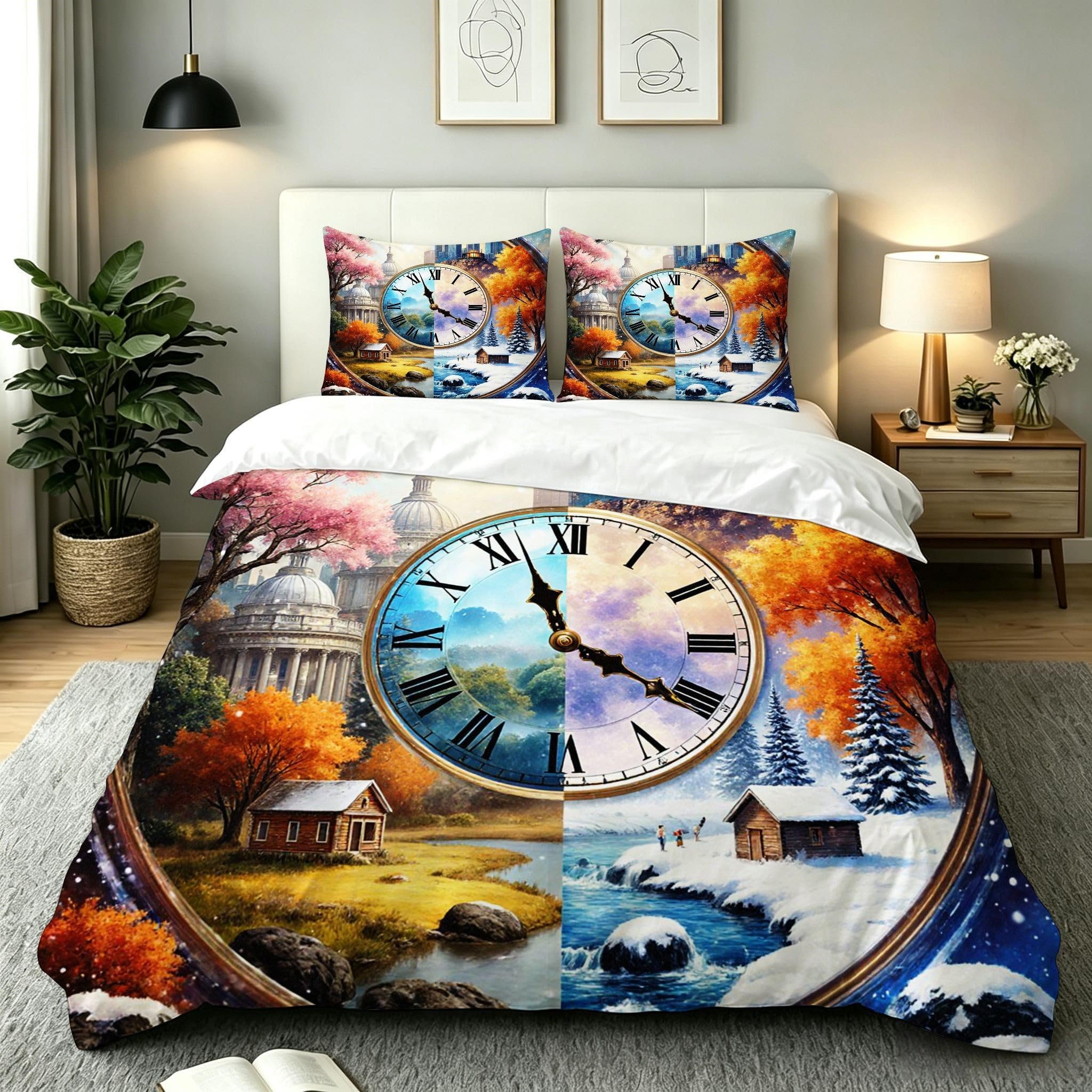 Parure de lit 220x240 horloge bleue en microfibre avec 2 taies d'oreiller AW8831