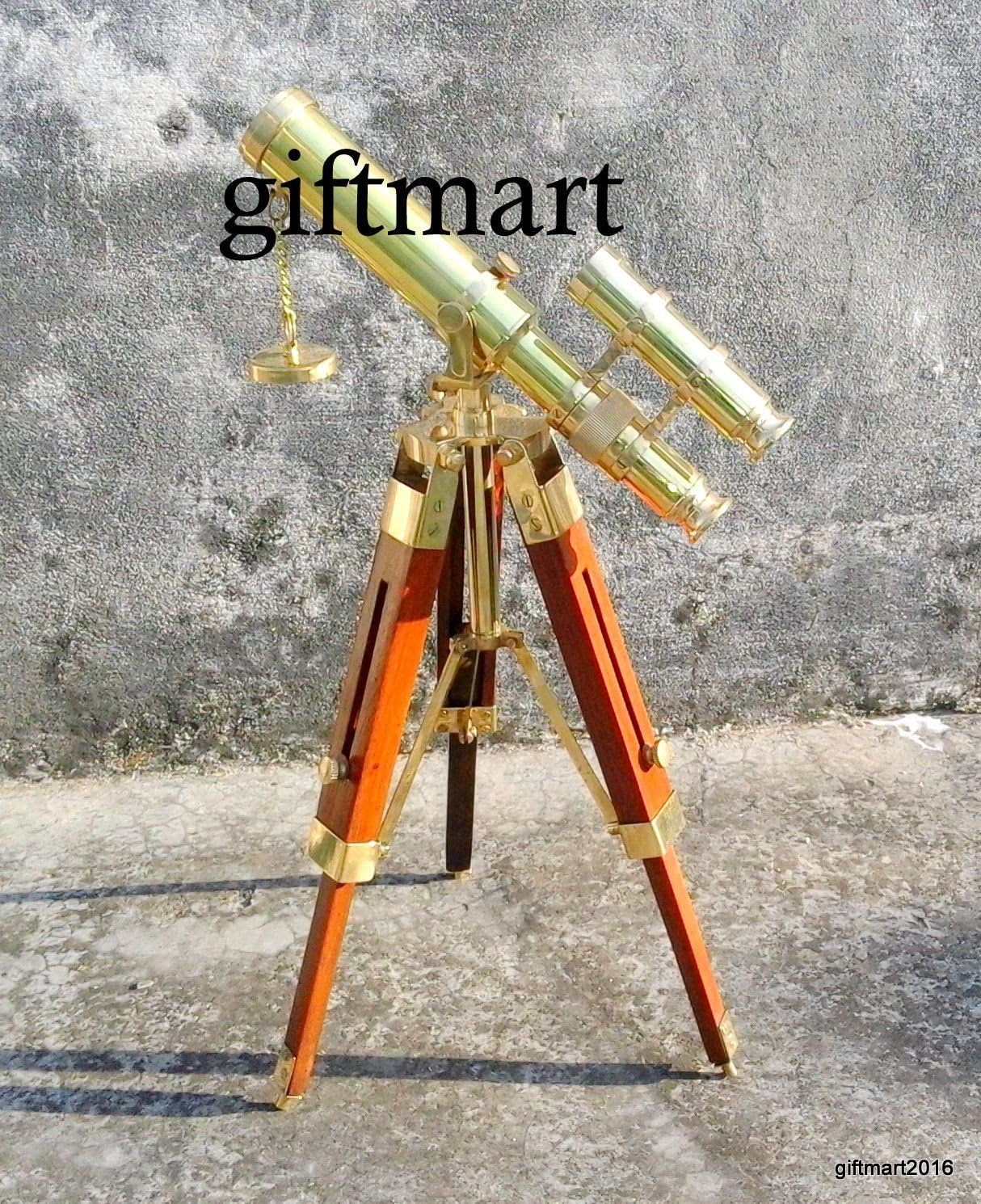 Nautical Antique Replica Brass Telescope with Wooden Tripod Desktop Stand Decor