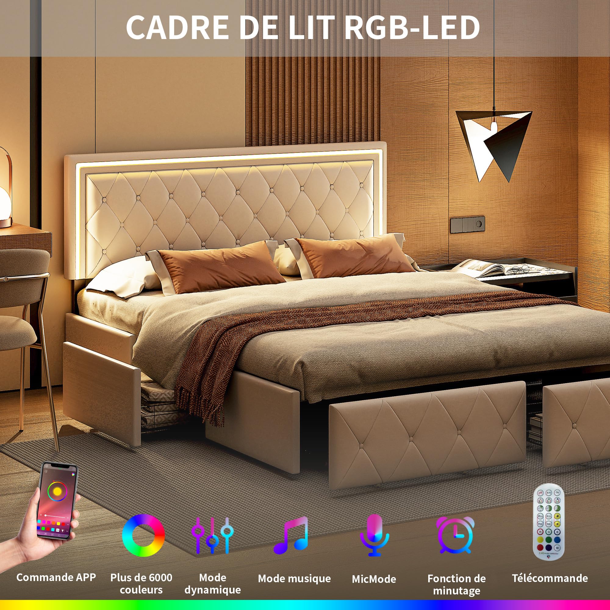 Letto imbottito 160 x 200 cm con illuminazione a LED, letto matrimoniale con 4 cassetti di stoccaggio, telaio letto matrimoniale con rete a doghe, letto cassetto, Beige bianco
