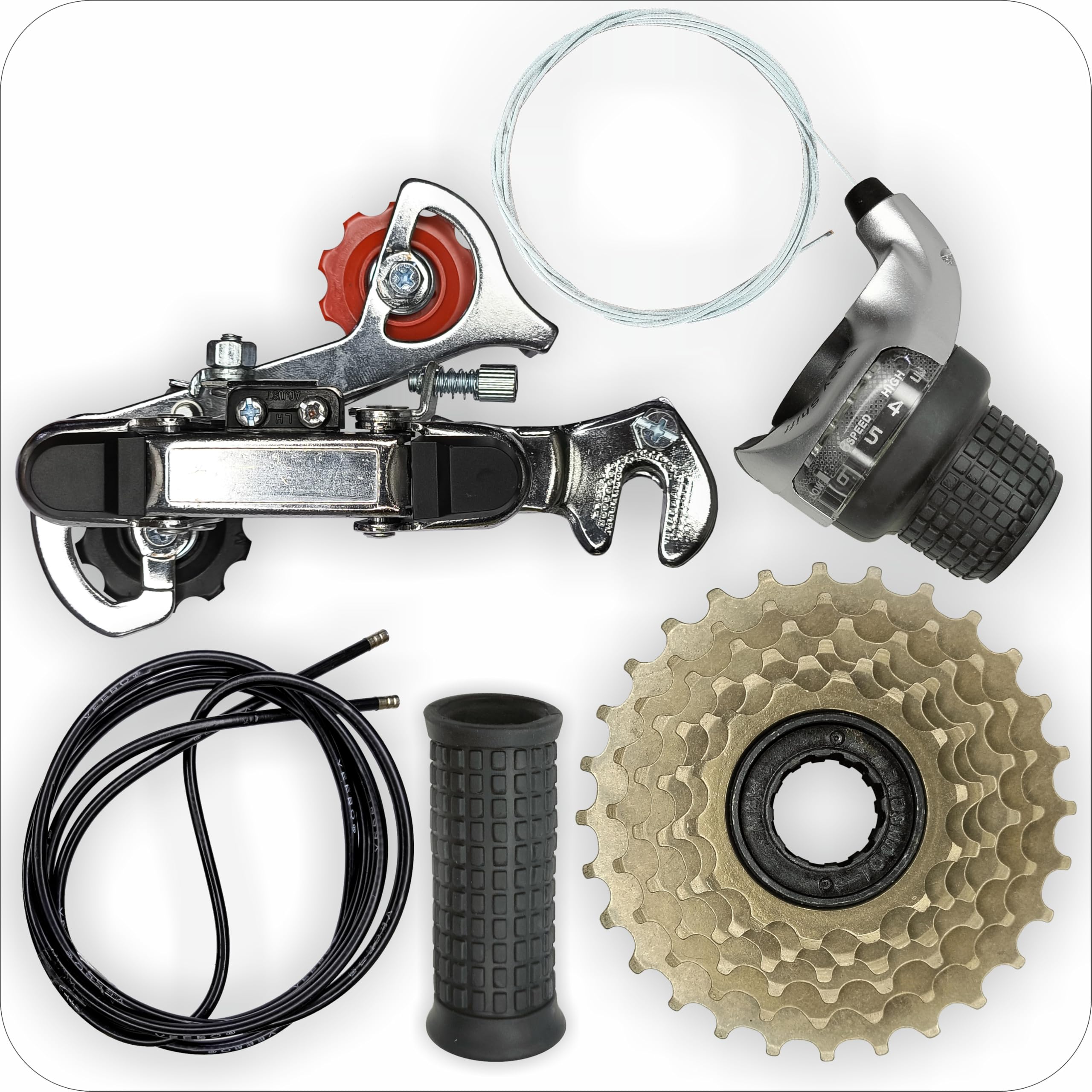 6-Speed Gear Set Combo – Total 5 Parts Bicycle Accessories, Bicycle Gear Conversion Kit with Derailleur, Freewheel, Grip Shifter, Outer & Grip, Compatible for All Kind of Bicycles