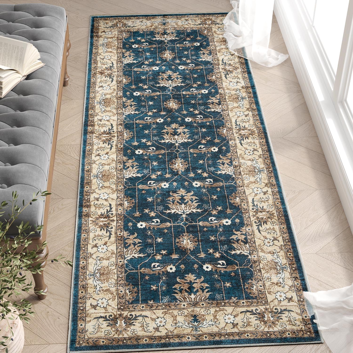 jinchan Runner Rug 3x8 Hallway Washable Rug Vintage Floral Print Mat Kitchen Indoor Oriental Boho Non Slip Classic