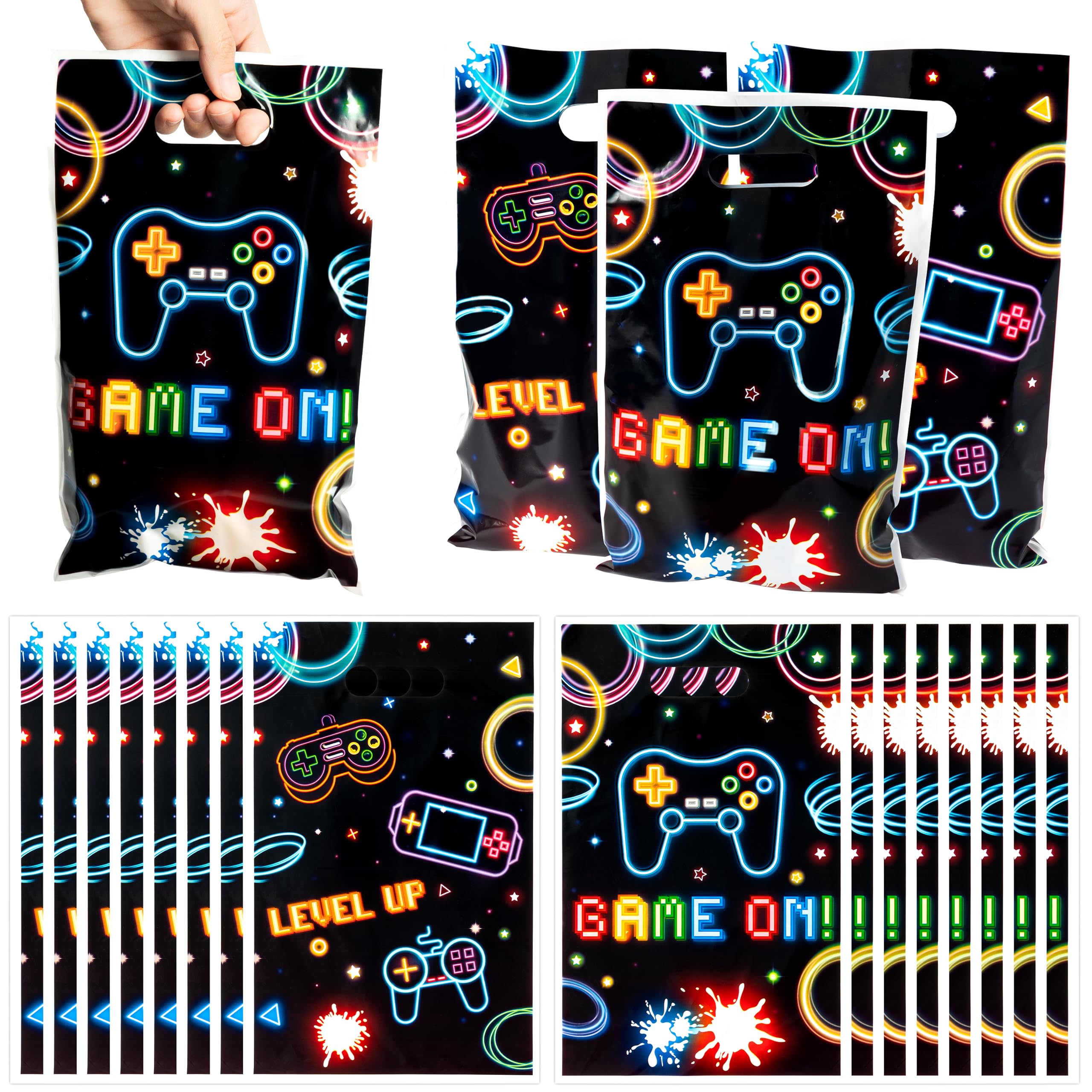 Video Game Party Favor Bags - 50Pcs Neon Video Gaming Goody Candy Treat Gifts Bags, Game on Theme Party Decorations for Kids Boys Girls Birthday Supplies