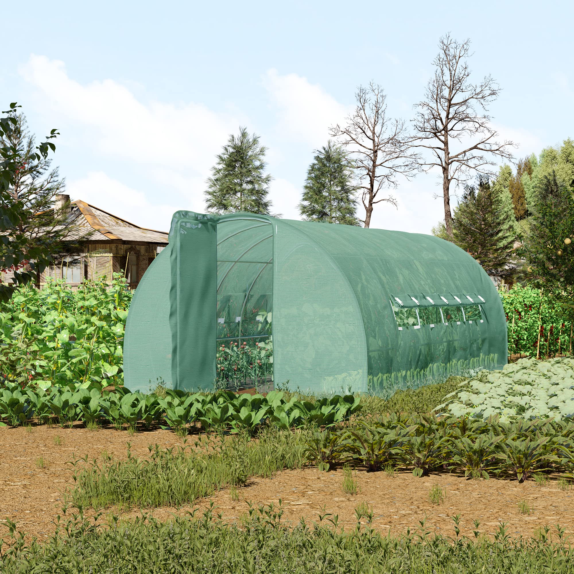 Outsunny Serra per Orto a Tunnel con Porta e 8 Finestre, Serra da Giardino in PE e Metallo Zincato, per Coltivazaione Piante, 600x300x200cm