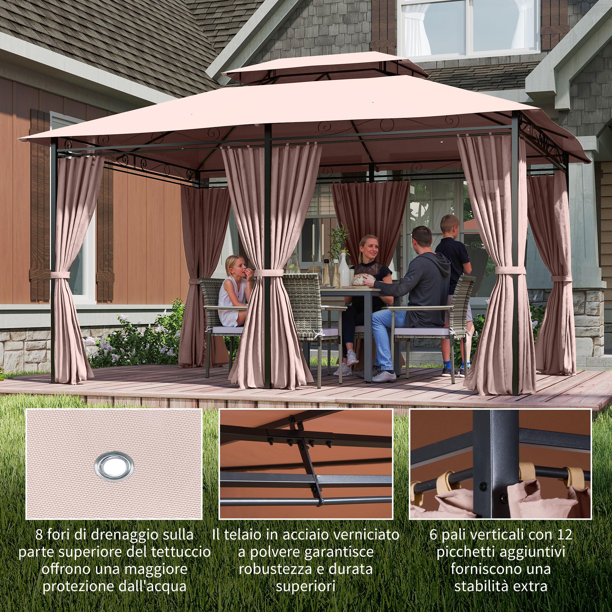 Outsunny Gazebo 4x3m Doppio Tetto Acciaio Tende Zip Impermeabili Anti UV Cachi