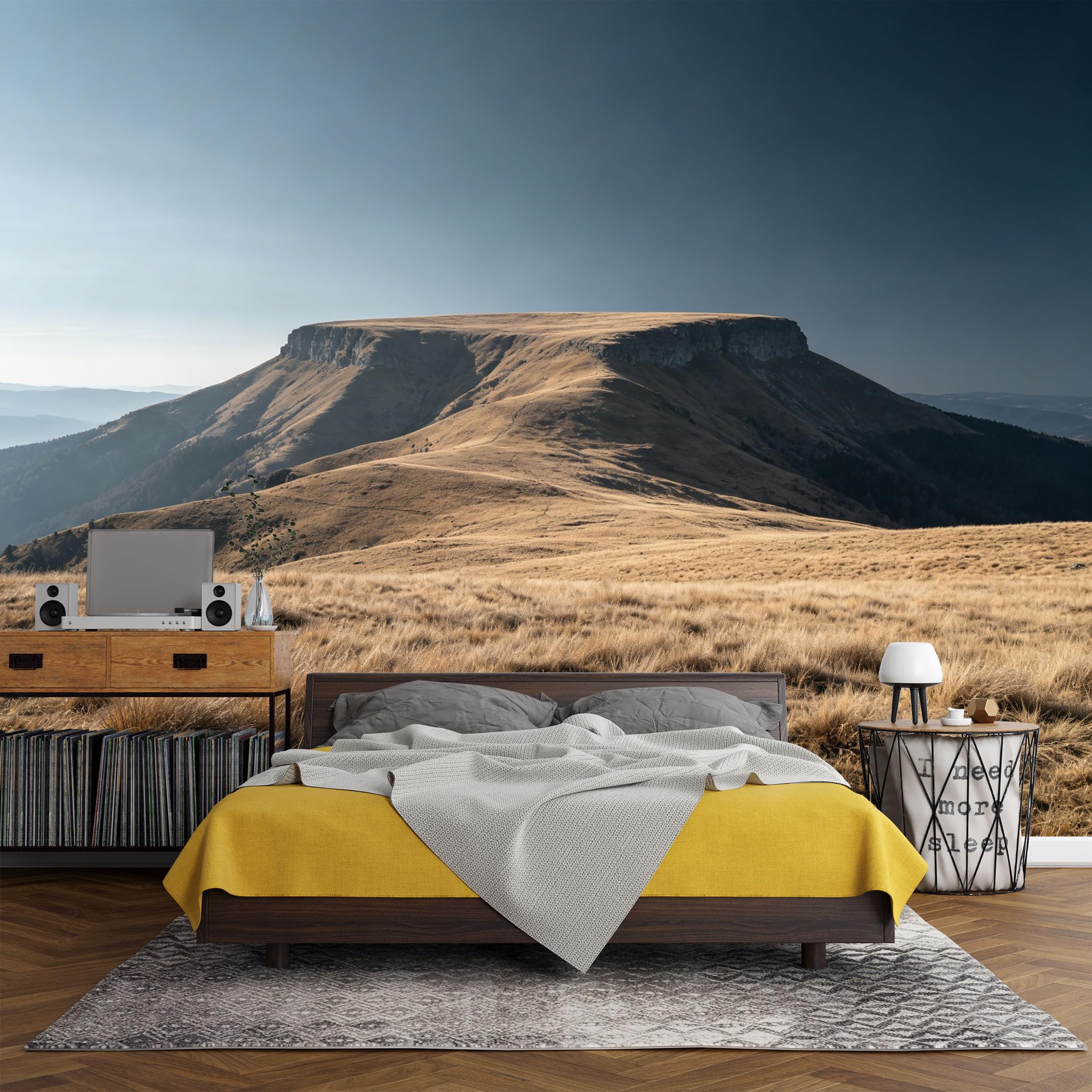 Custom Size Wall Mural， Mountain Plateau Golden Prairie Landscape Horizon View，SelfAdhesive Art Prints wall Fabric (No PVC) Removable Wallpaper Living Room Decor