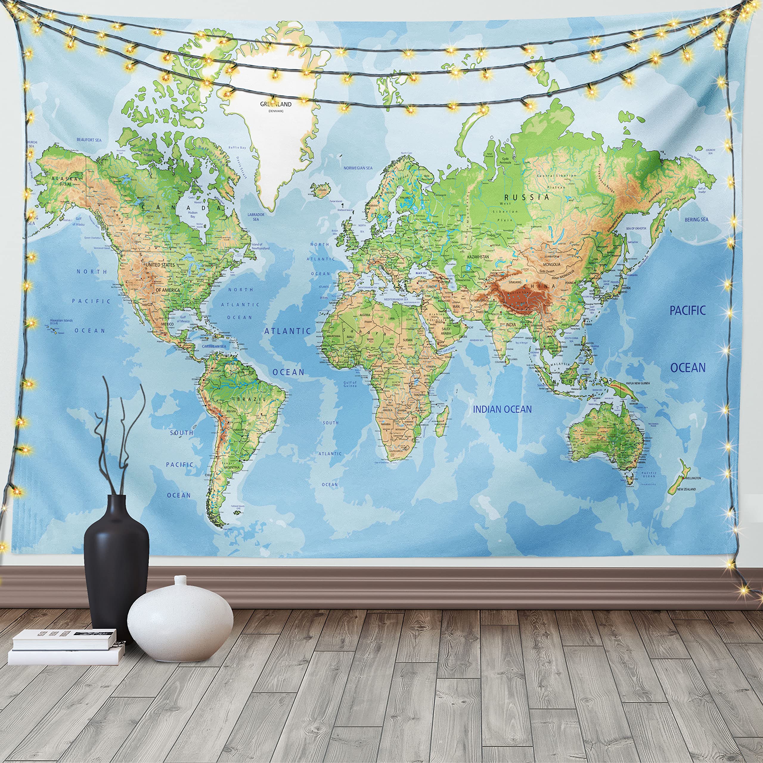 ABAKUHAUS, Mapa świata, Dekoracyjny gobelin, plakat na ścianę, Mapa topograficzna z kontynentów krajach Oceans Gór, Wielobarwność, 230x140cm