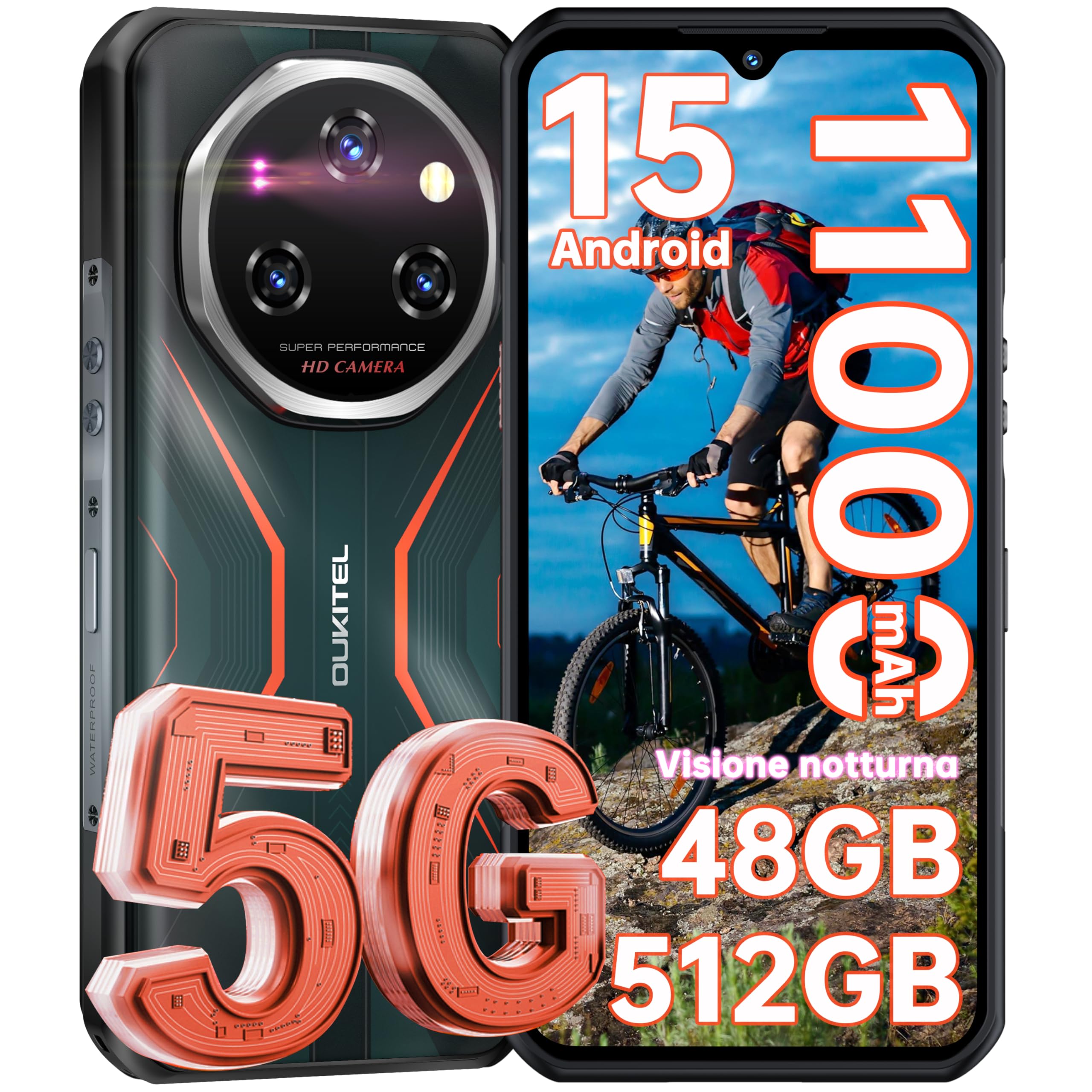 OUKITEL WP55 Pro Rugged Smartphone 5G Android 15-48GB+512GB Unbreakable Phone, 108MP+32MP+8MP Night Vision, 120Hz 6.6" 2.4KFHD+ 11000mAh IP68/IP69K, Dual SIM/NFC/OTG Mobile Phone Shockproof 2025