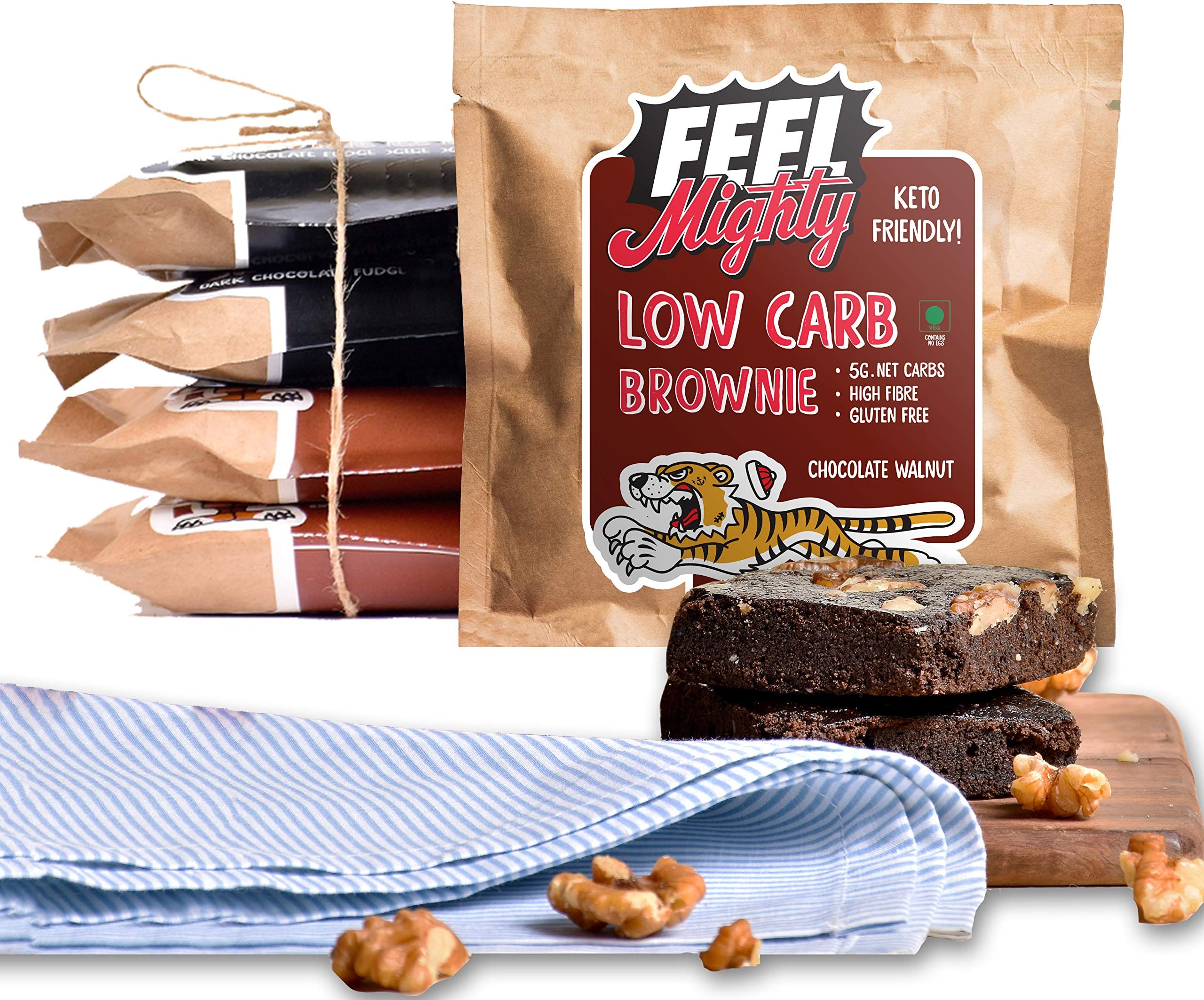 Feel Mighty Low Carb Brownies Pack of 5 High Protein, Low Calorie, Sugar-Free Brownies- 2 Dark Chocolate Fudge, 2 Chocolate Walnut and 1 Peanut Butter Flavoured Desserts- Keto Friendly, Gluten Free, High Fibre Snacks