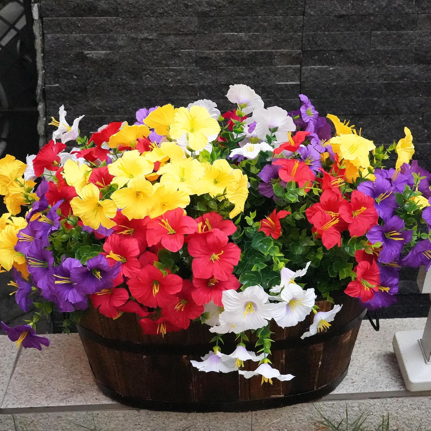 Artificial Flowers for Outdoors Fake Plants Outside Decoration, 12 Bundles Silk Petunia with Eucalyptus UV Resistant Realistic Faux Flowers for Outdoor Planters Garden Balcony (4 Color)